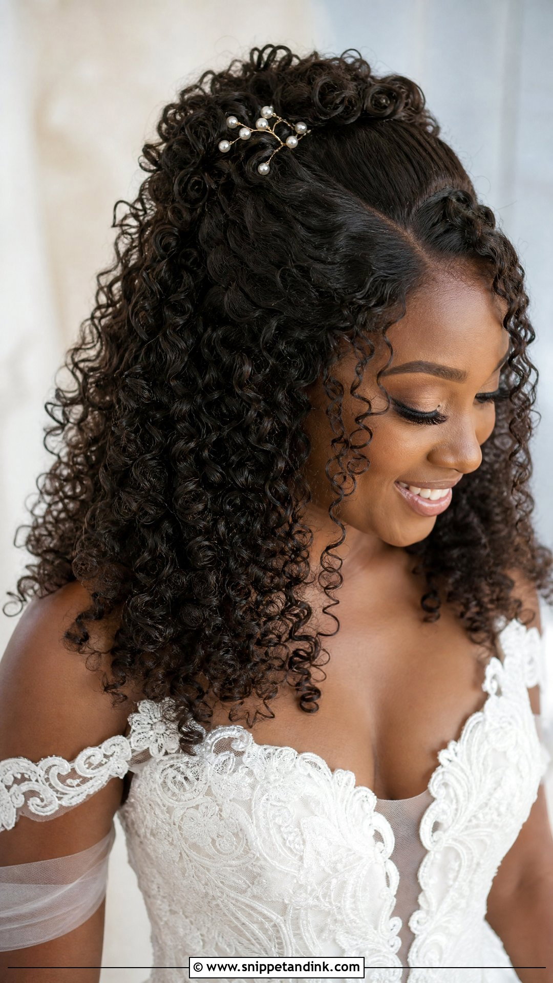 Curly Half Up Bridal Hair With Tight Curls - Snippet and Ink - 20 Naturally Curly Half-Up Bridal Hair Ideas