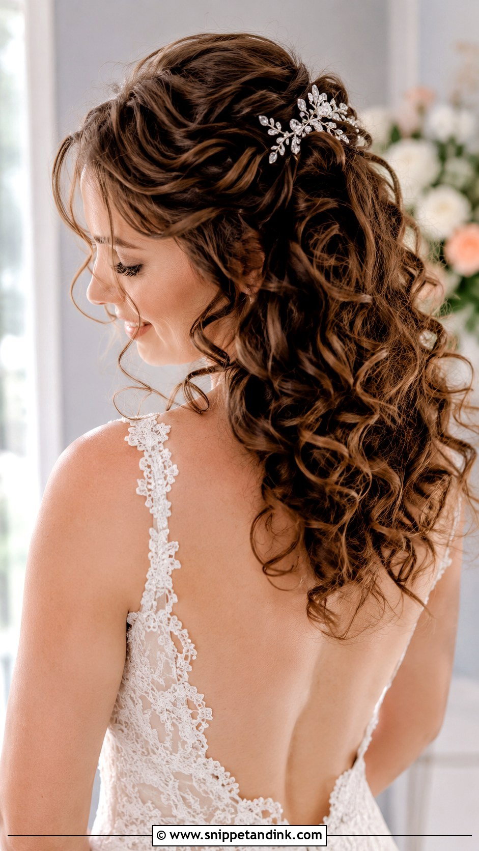 Curly Half Up Bridal Style - Snippet and Ink - 25 Medium Length Bridal Hairstyles