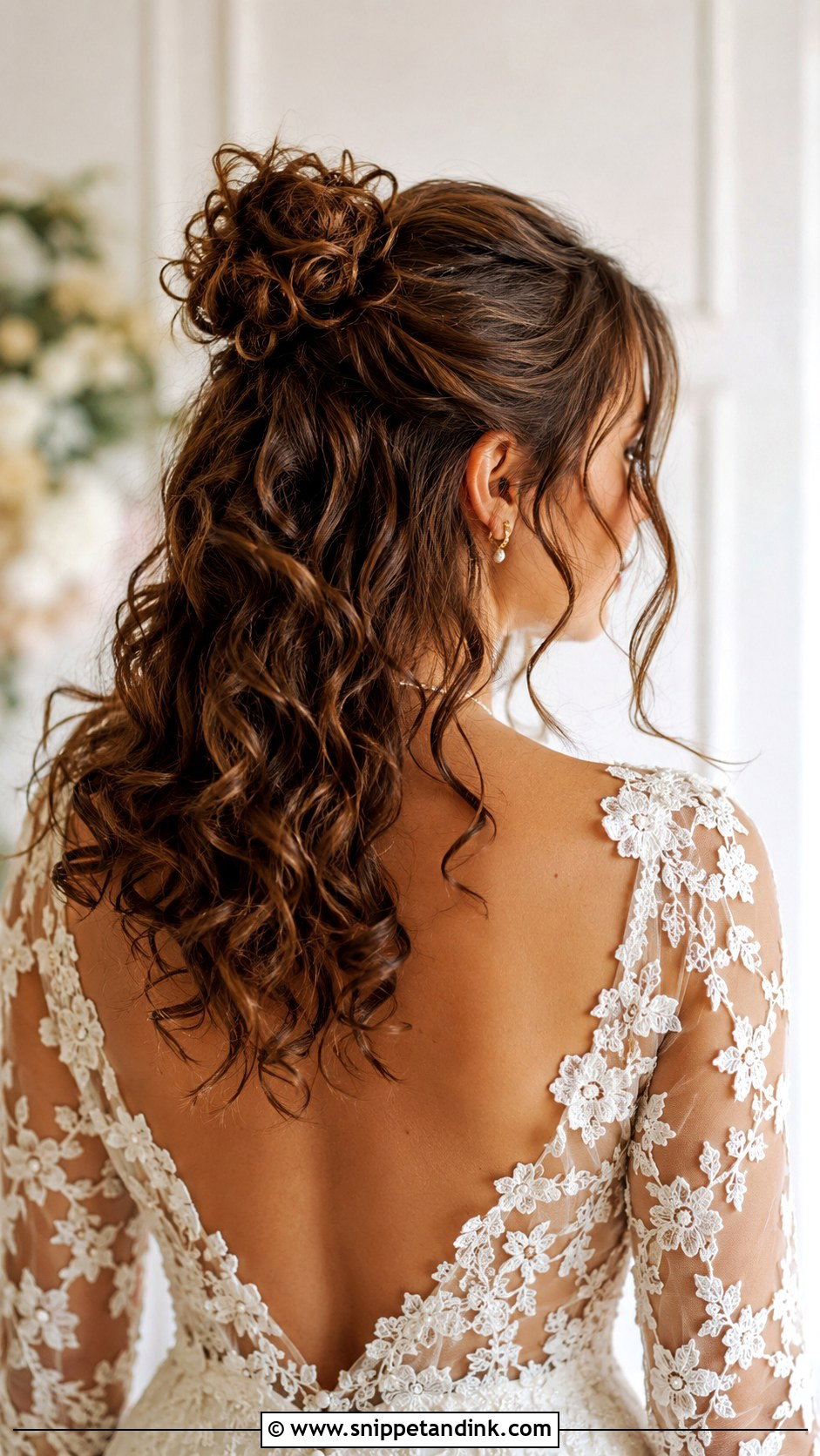 Curly Half Up Bun Wedding Hairstyle - Snippet and Ink - 20 Curly Hairstyles for Medium Hair Wedding