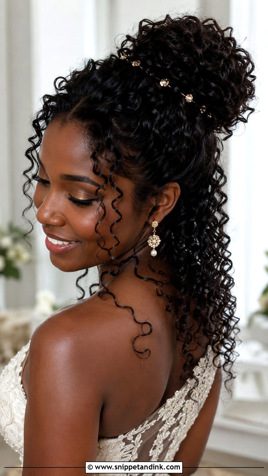 Curly Half Up Bun Wedding Hairstyle - Snippet and Ink - 15 Half-Up Bun Wedding Hairstyles