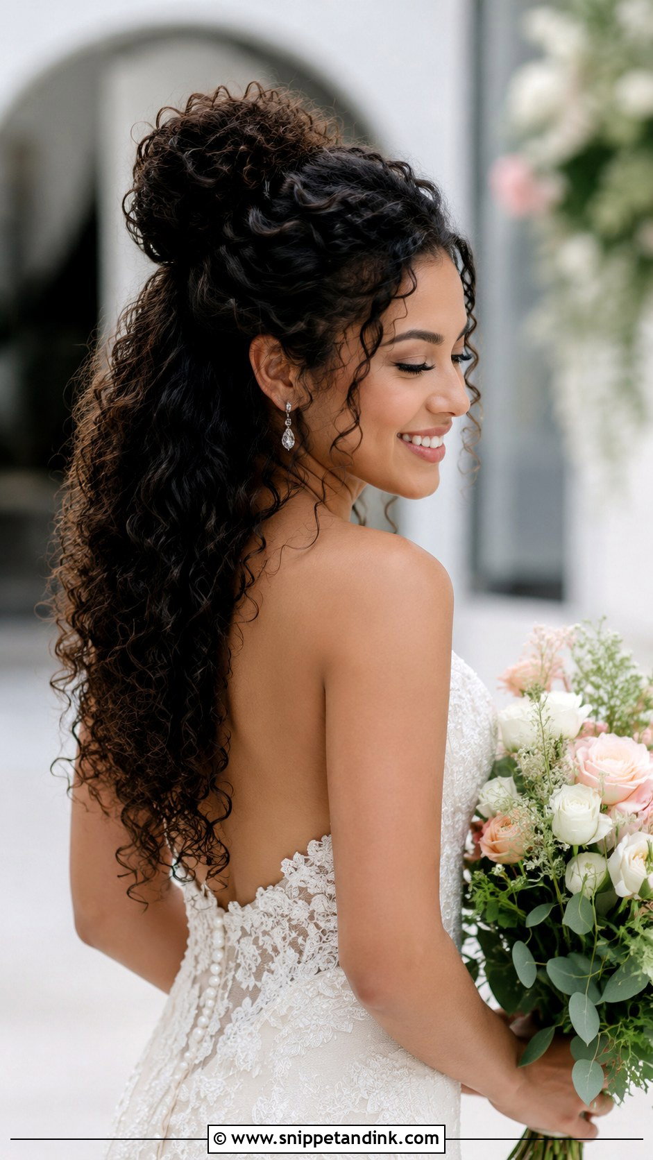 Curly Half Up Bun Wedding Style - Snippet and Ink - 30 Curly Bridal Hair Ideas