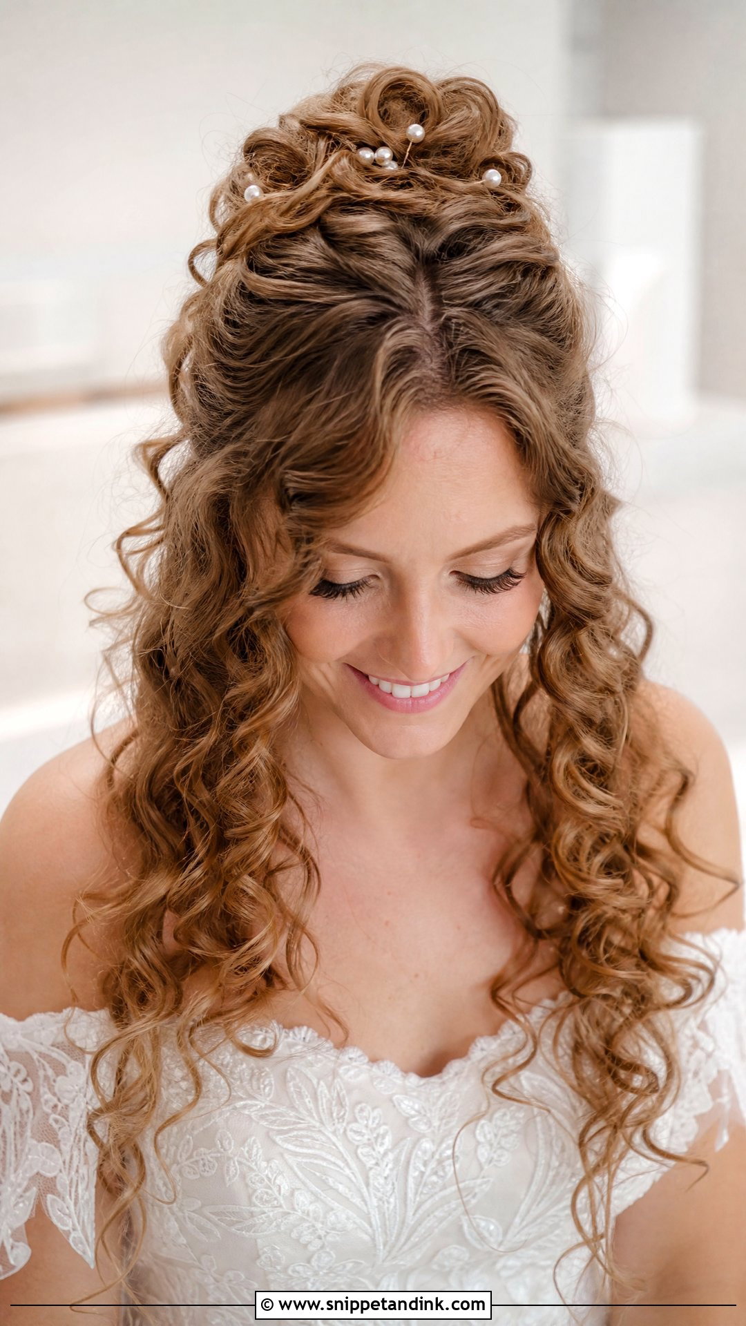 Curly Half Up Bun With Cascading Curls - Snippet and Ink - 30 Curly Hair Wedding Styles