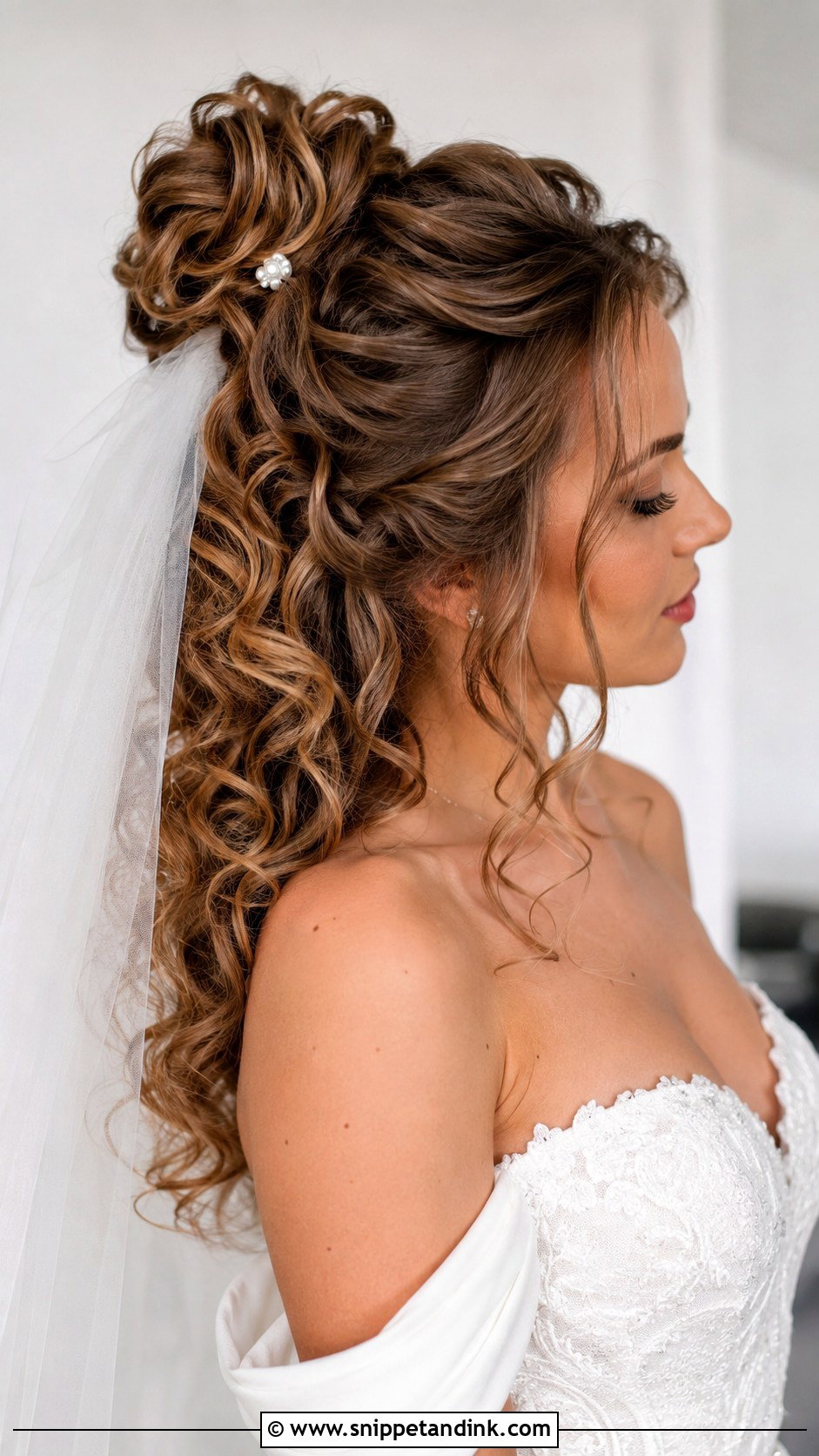 Curly Half Up Bun With Veil - Snippet and Ink - 20 Curly Hair with Veil Ideas