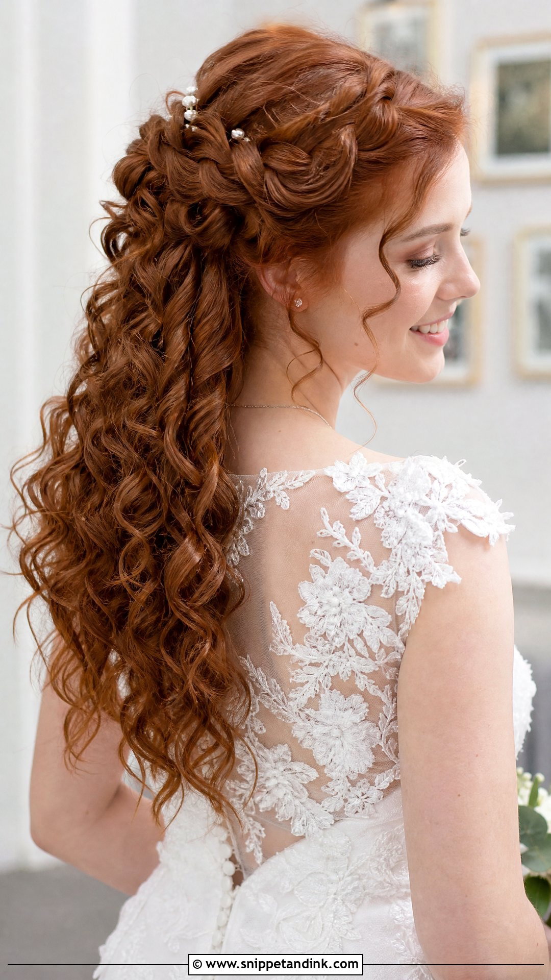 Curly Half Up Half Down Bridal Hair With A Braided Crown - Snippet and Ink - 15 Curly Half-Up Half-Down Bridal Hair Ideas