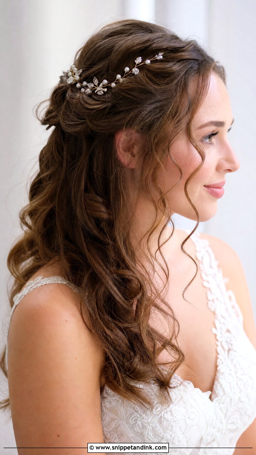 Curly Half Up Half Down Bridal Hair With A Hair Vine - Snippet and Ink - 15 Curly Half-Up Half-Down Bridal Hair Ideas