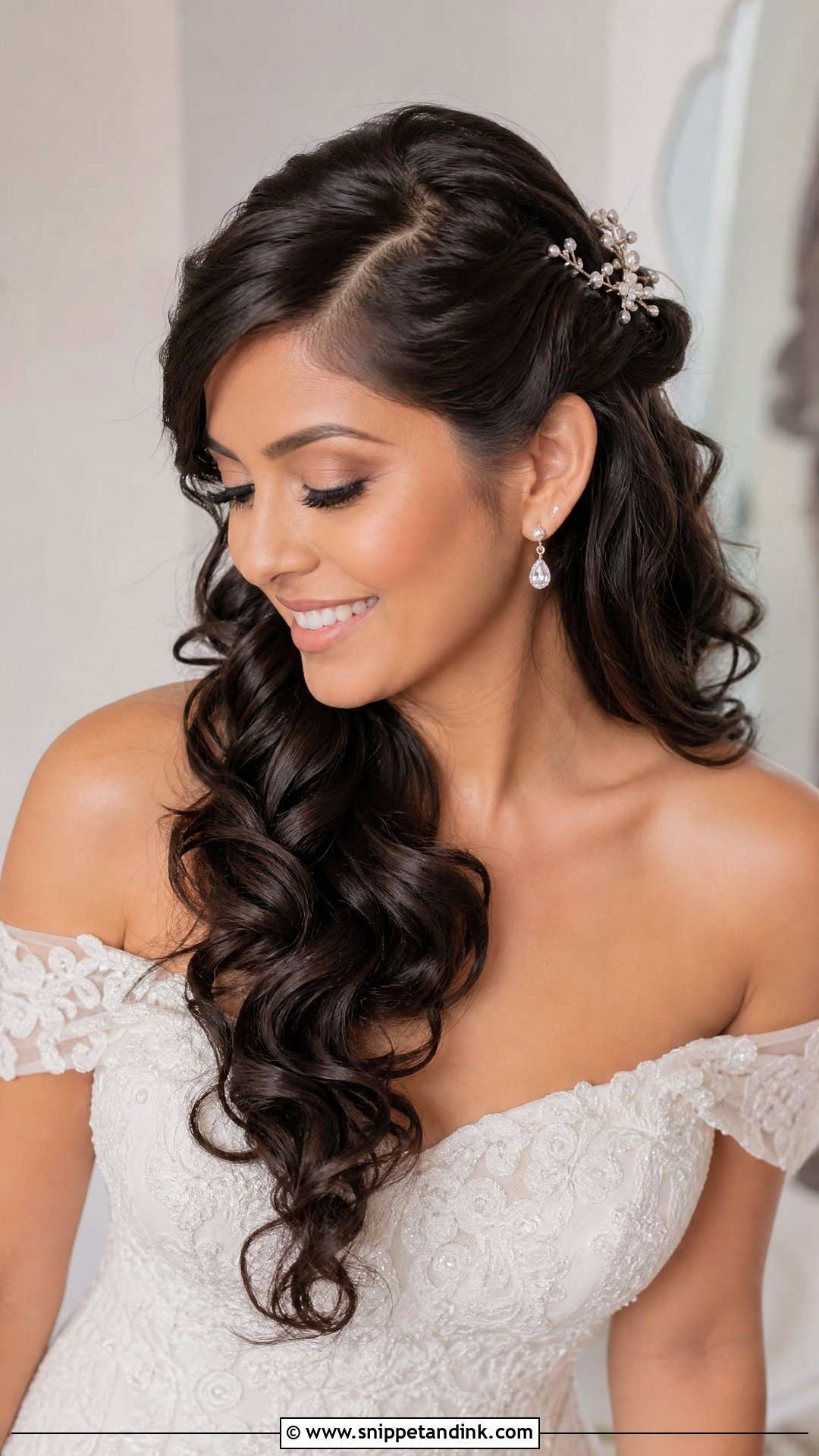 Curly Half Up Half Down Bridal Hair With A Side Part - Snippet and Ink - 15 Curly Half-Up Half-Down Bridal Hair Ideas