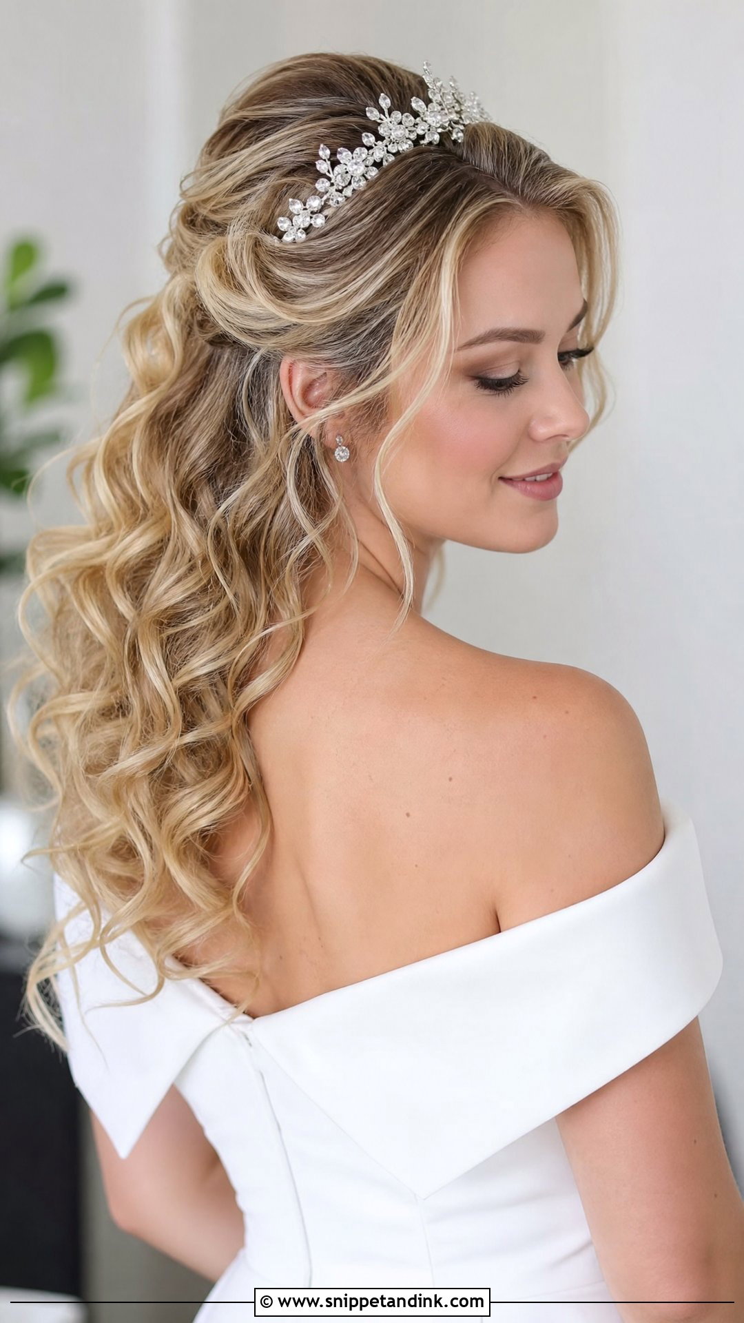 Curly Half Up Half Down Bridal Hair With A Tiara - Snippet and Ink - 15 Curly Half-Up Half-Down Bridal Hair Ideas