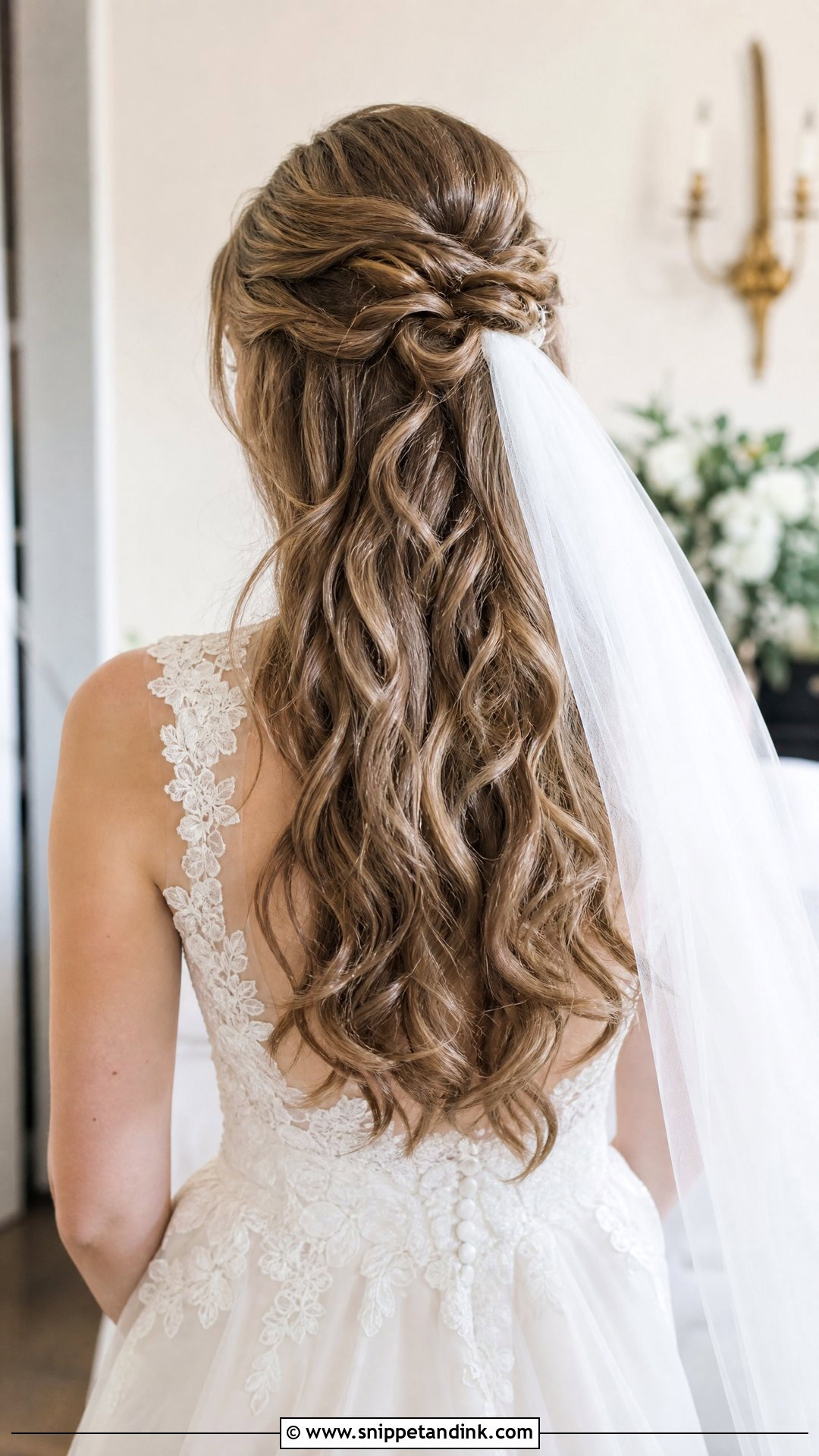 Curly Half Up Half Down Bridal Hair With A Veil - Snippet and Ink - 15 Curly Half-Up Half-Down Bridal Hair Ideas