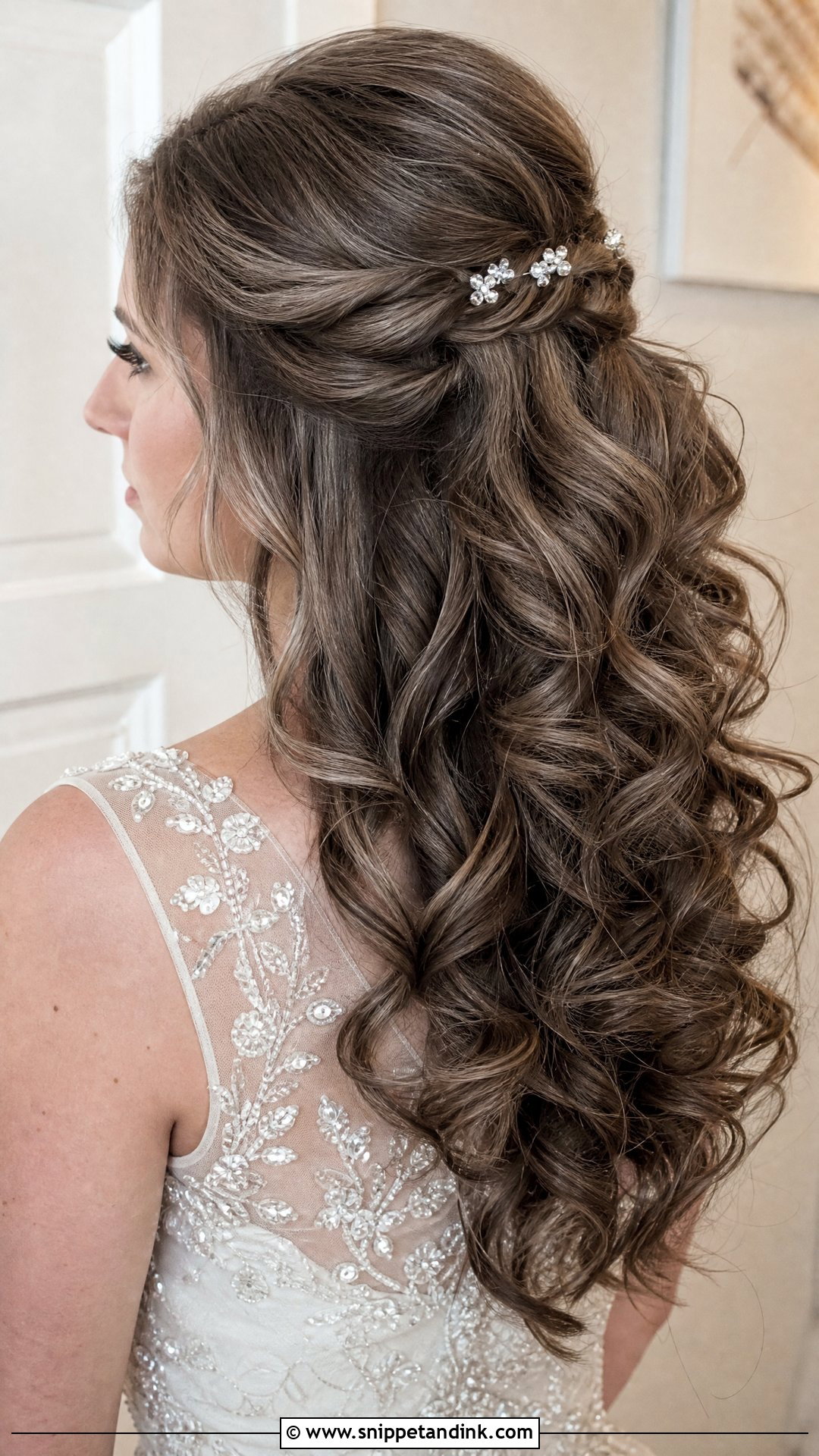 Curly Half Up Half Down Bridal Hair With Crystal Clips - Snippet and Ink - 15 Curly Half-Up Half-Down Bridal Hair Ideas