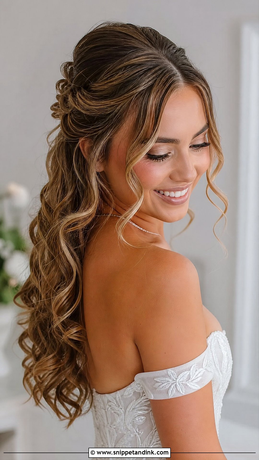 Curly Half Up Half Down Bridal Hair With Face Framing Pieces - Snippet and Ink - 15 Curly Half-Up Half-Down Bridal Hair Ideas