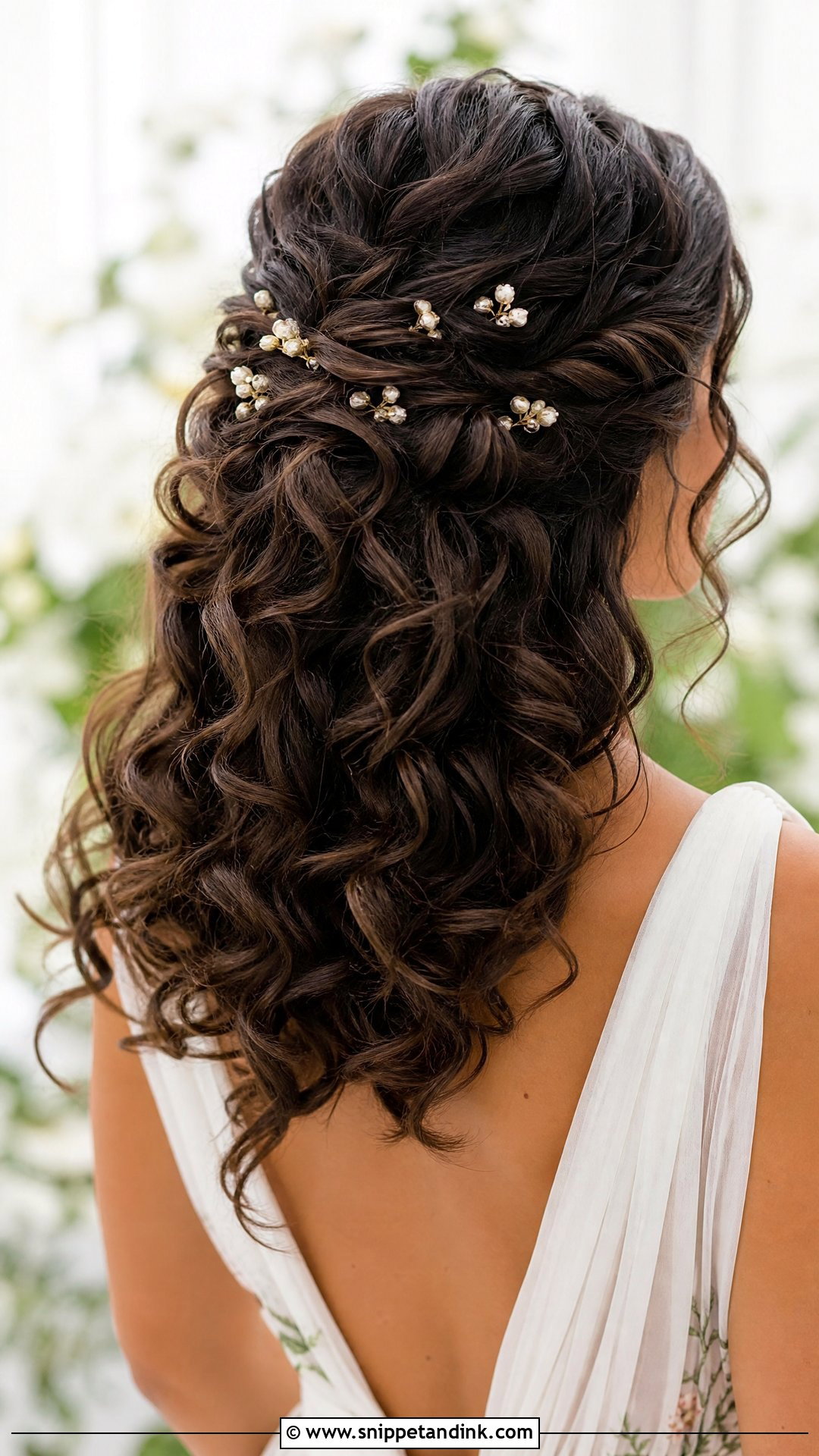 Curly Half Up Half Down Bridal Hair With Floral Pins - Snippet and Ink - 15 Curly Half-Up Half-Down Bridal Hair Ideas