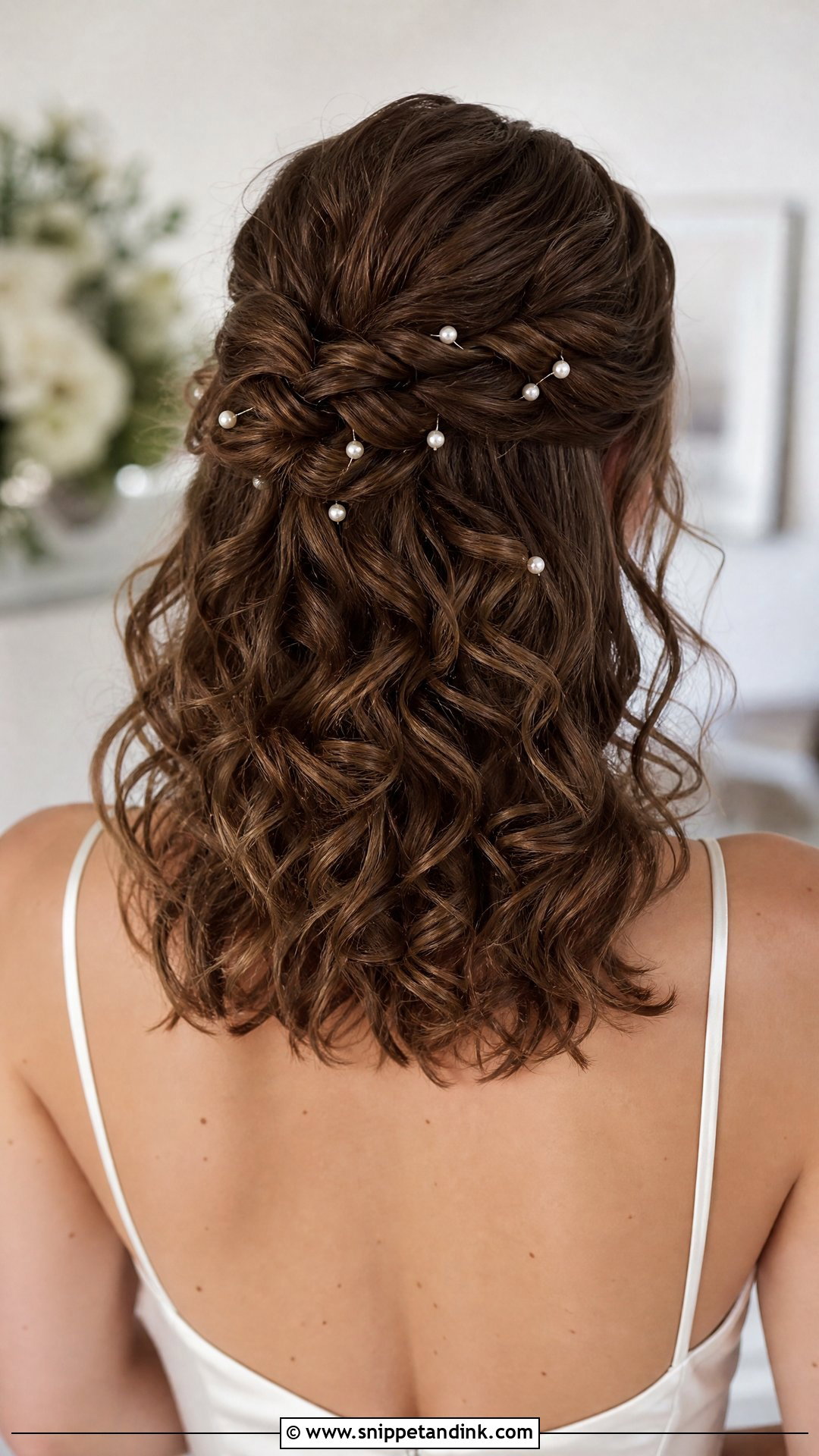 Curly Half Up Half Down Bridal Hair With Pearl Pins - Snippet and Ink - 15 Curly Half-Up Half-Down Bridal Hair Ideas