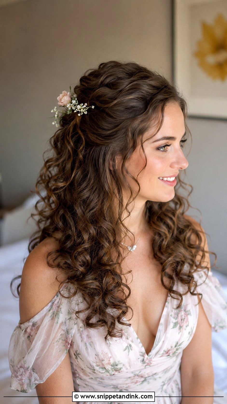 Curly Half Up Half Down With Floral Clip - Snippet and Ink - 20 Curly Hair for Wedding Guest Ideas