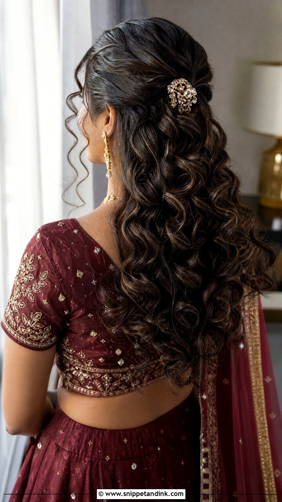 Curly Half Up Half Down With Lehenga - Snippet and Ink - 20 Hairstyle with Lehnga on Wedding Ideas