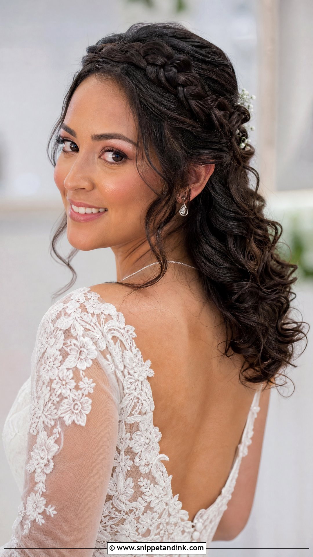 Curly Half Up Half Down With a Braided Crown - Snippet and Ink - 20 Curly Hair Half-Up Half-Down Wedding Ideas