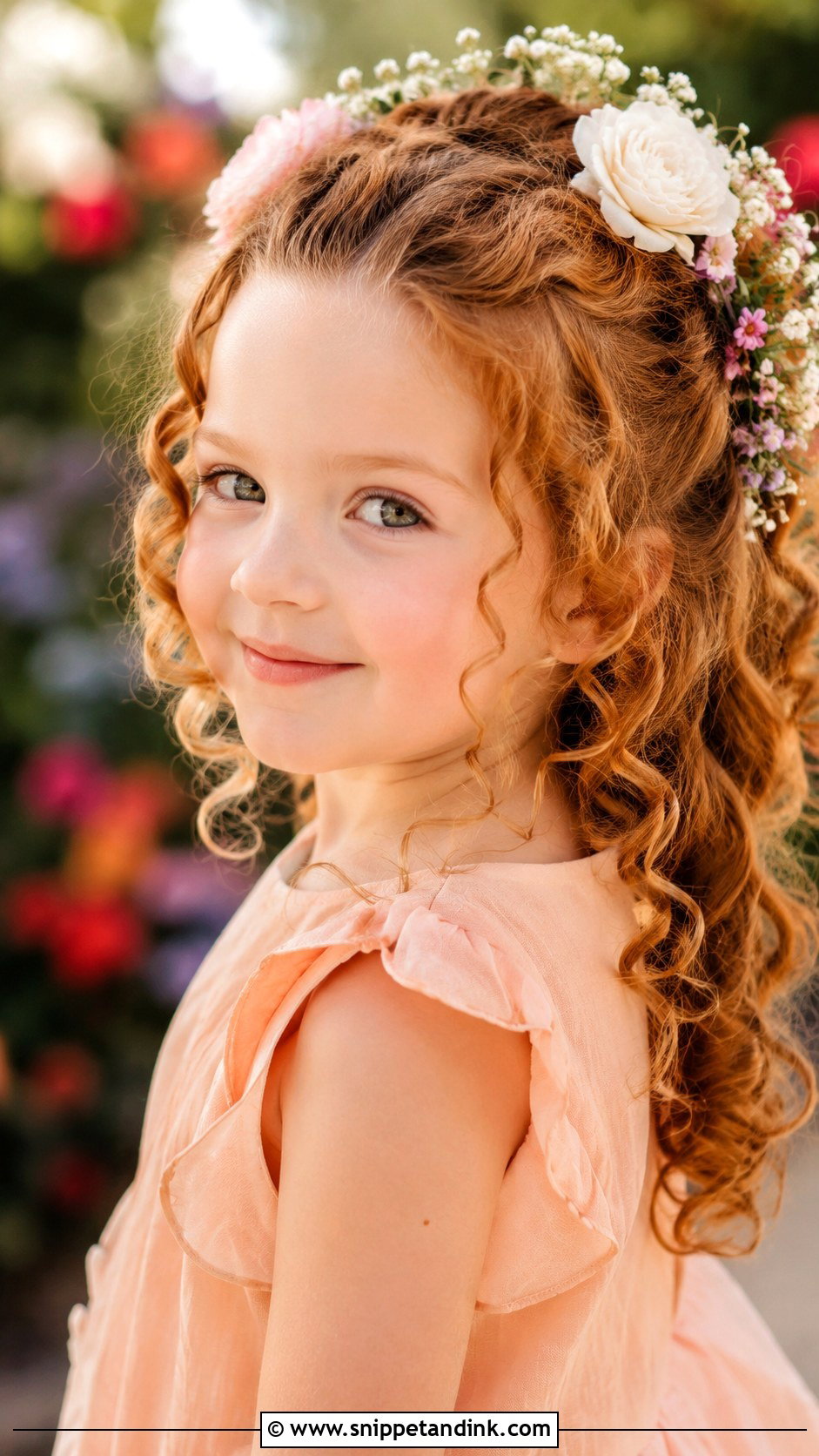 Curly Half Up Half Down with Flowers - Snippet and Ink - 25 Kids Wedding Hairstyles