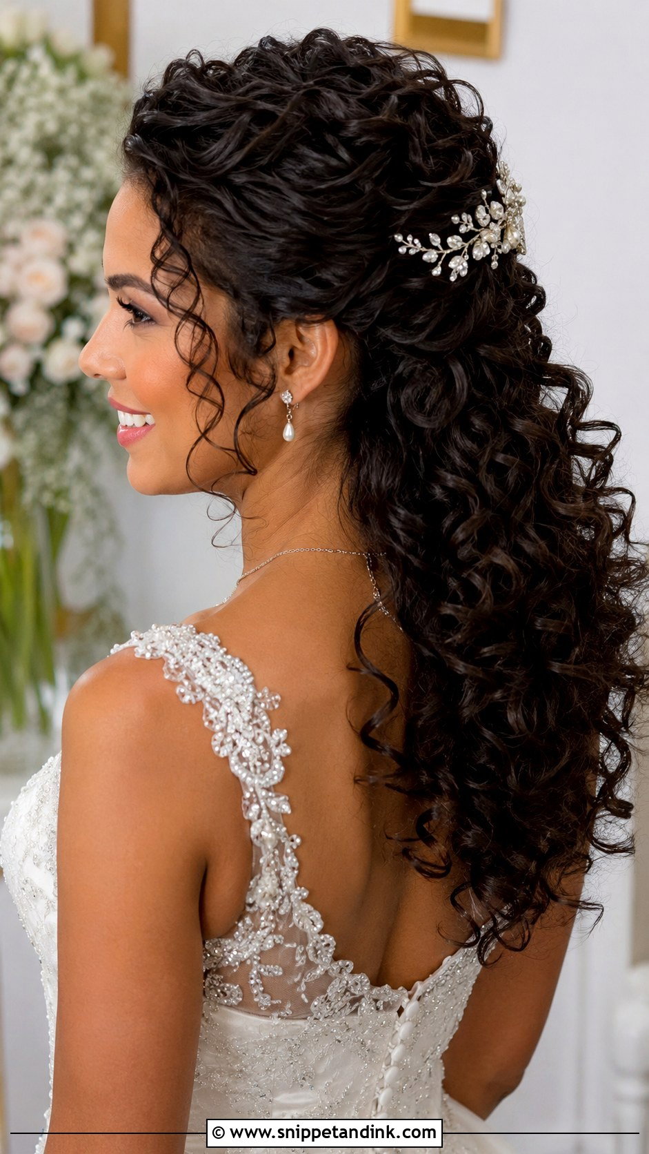 Curly Half Up Style - Snippet and Ink - 25 Shoulder Length Bridal Hair Ideas