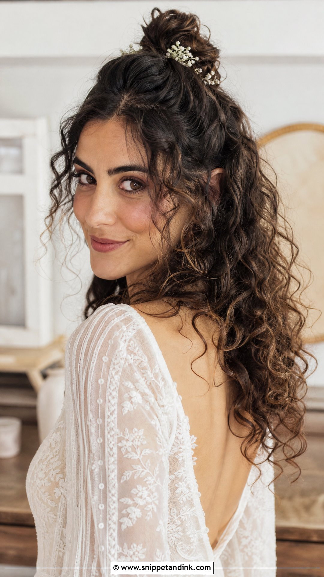 Curly Half Up Top Knot Bridal Look - Snippet and Ink - 20 Naturally Curly Hair Wedding Styles