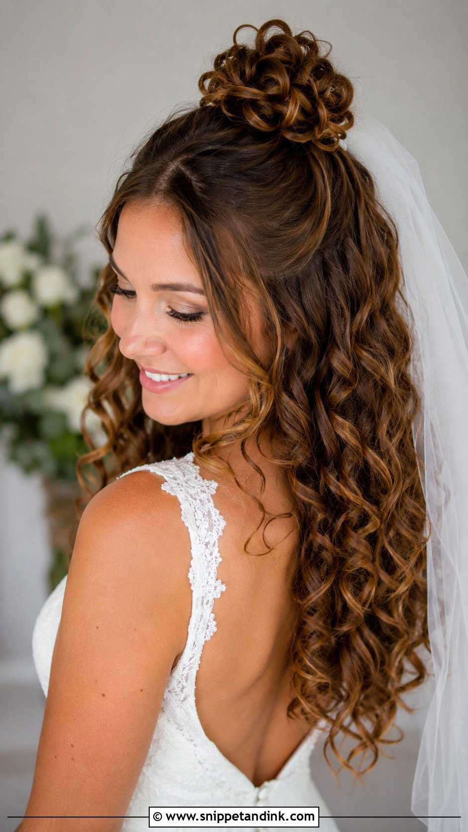 Curly Half Up Top Knot Bridal Style - Snippet and Ink - 30 Curls Hairstyles for Wedding