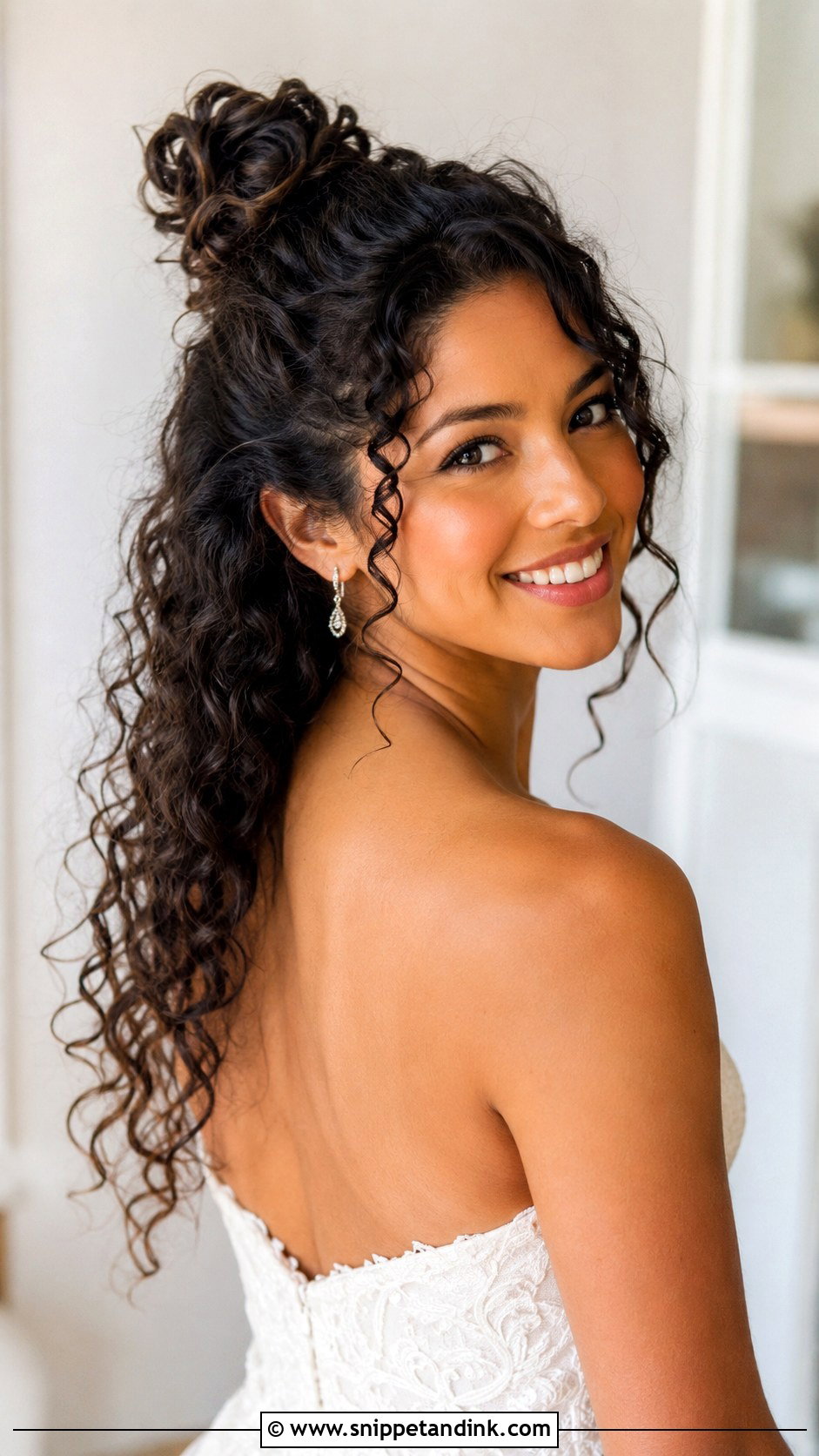 Curly Half Up Top Knot Bridal Style - Snippet and Ink - 25 Natural Curly Wedding Hairstyles
