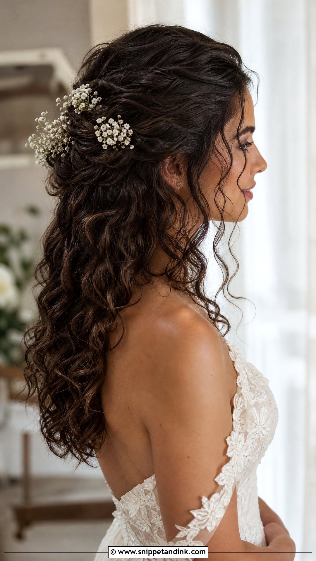 Curly Half Up Wedding Hair With Flowers - Snippet and Ink - 15 Curly Half-Up Wedding Hair Ideas