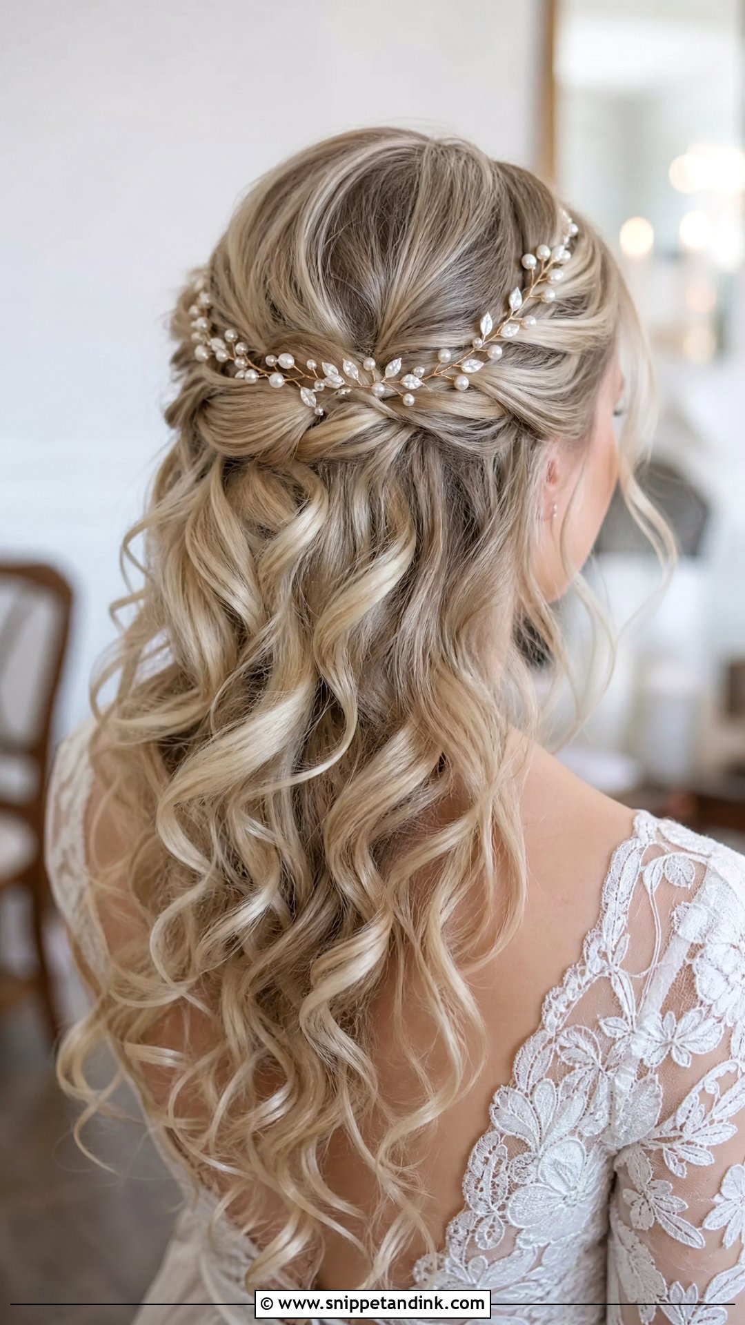 Curly Half Up Wedding Hair With Hair Vine - Snippet and Ink - 15 Curly Half-Up Wedding Hair Ideas
