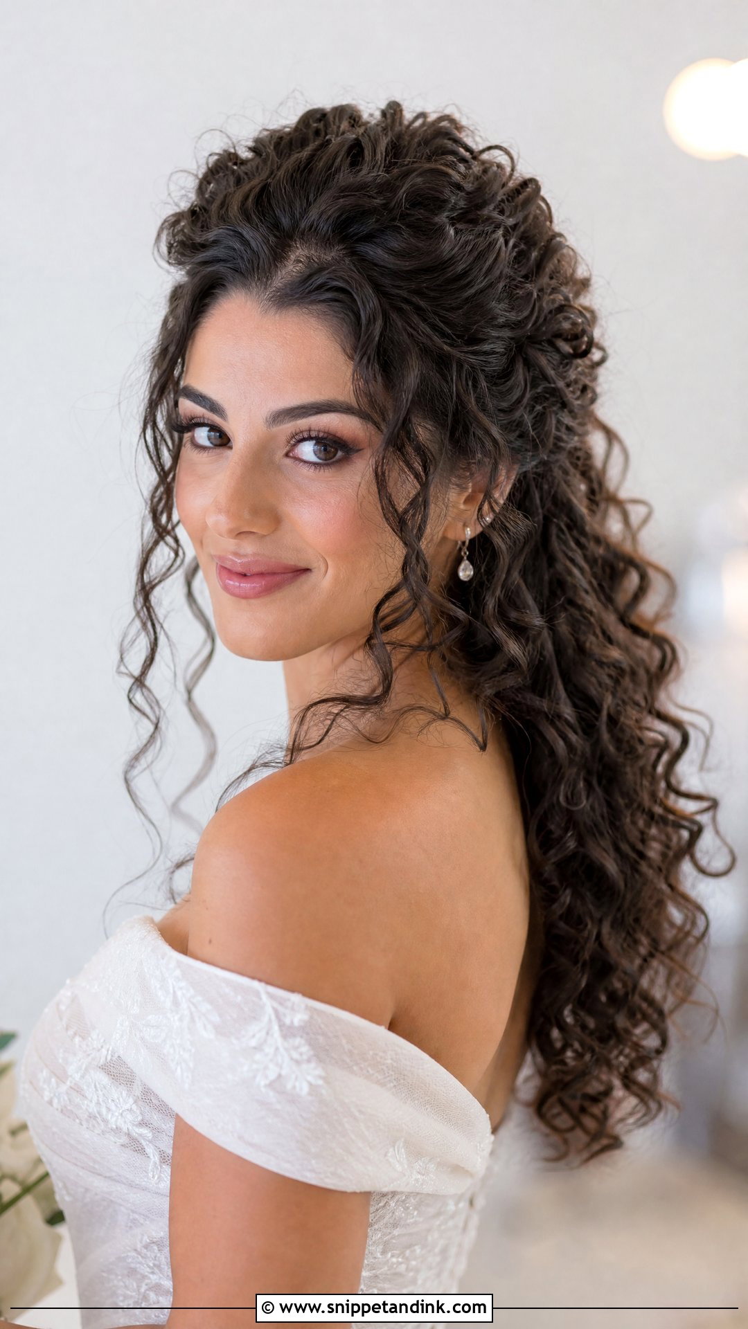 Curly Half Up Wedding Hair With Loose Tendrils - Snippet and Ink - 15 Curly Half-Up Wedding Hair Ideas