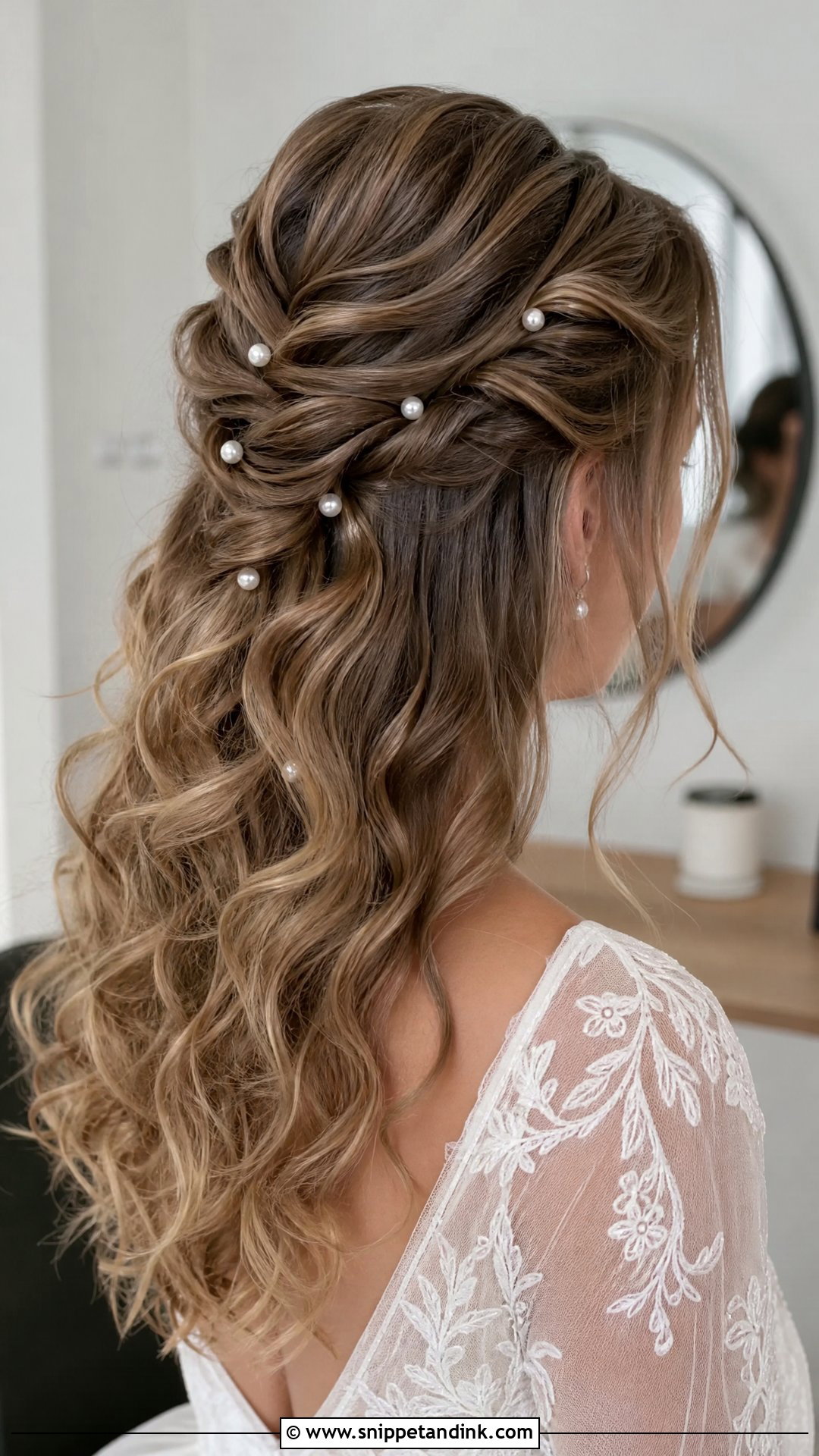 Curly Half Up Wedding Hair With Pearl Pins - Snippet and Ink - 15 Curly Half-Up Wedding Hair Ideas