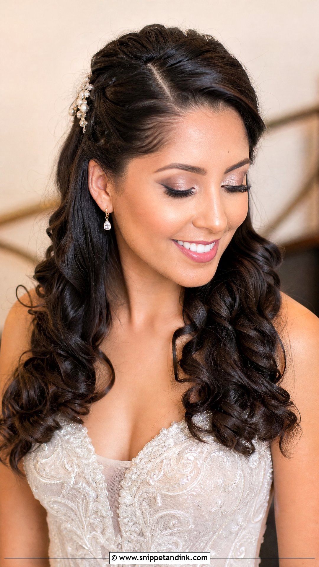 Curly Half Up Wedding Hair With Side Part - Snippet and Ink - 15 Curly Half-Up Wedding Hair Ideas