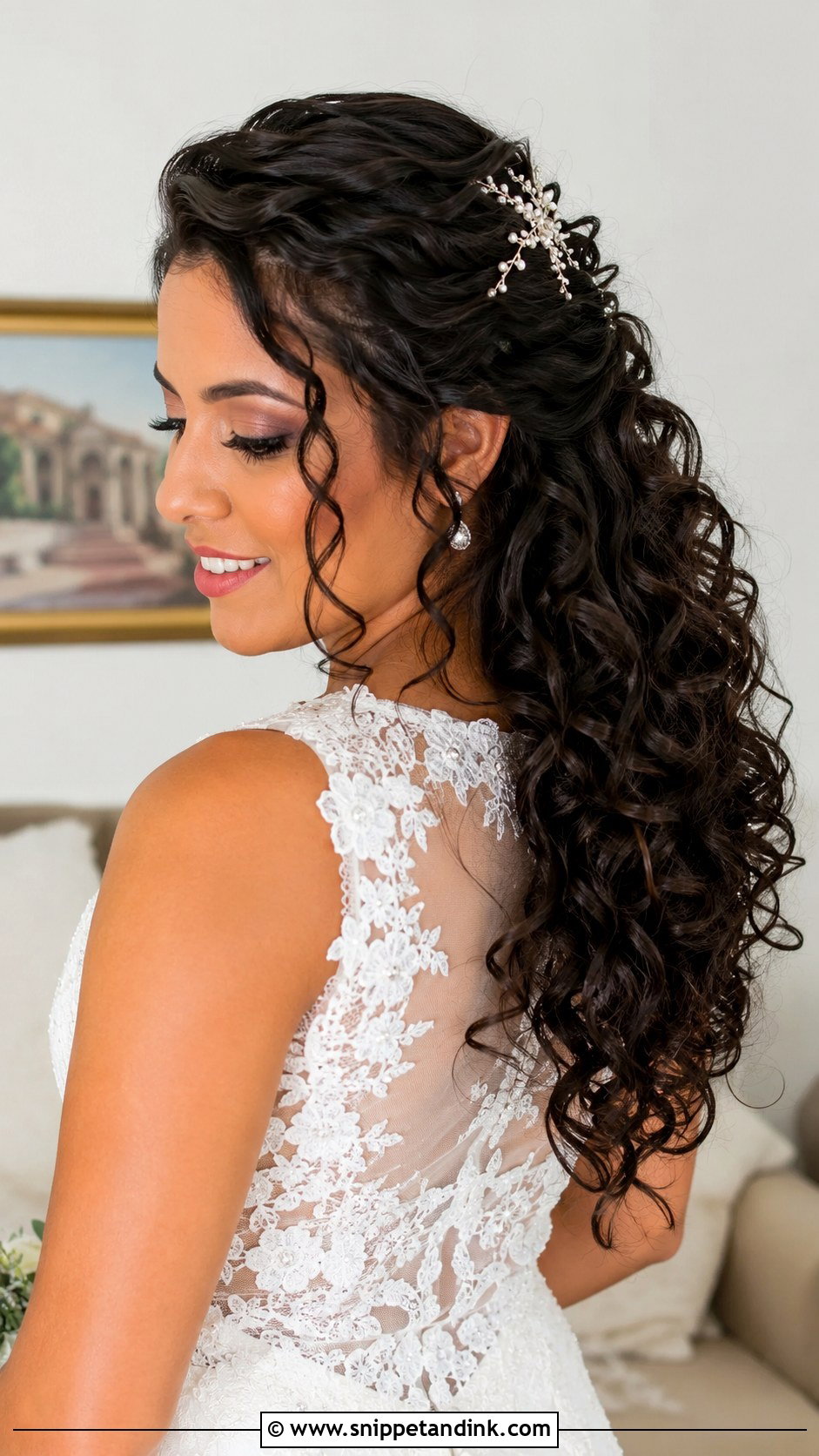 Curly Half Up Wedding Hairstyle - Snippet and Ink - 20 Medium Hair Wedding Ideas