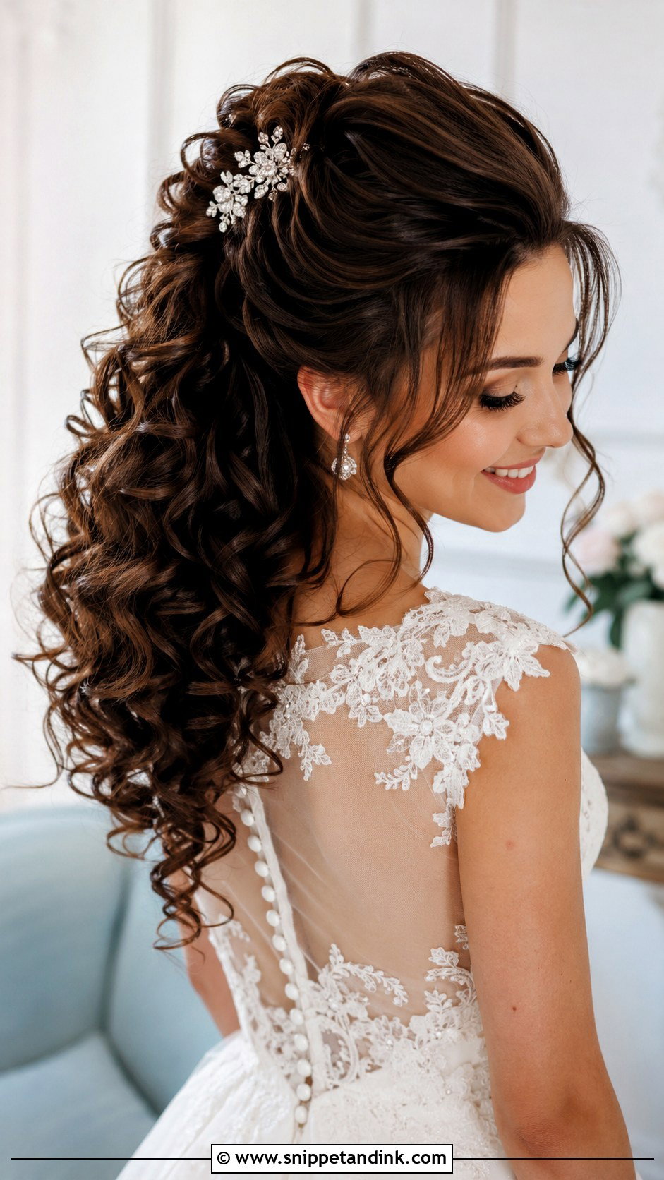 Curly Half Up Wedding Hairstyle - Snippet and Ink - 20 Wedding Hairdos for Medium Length