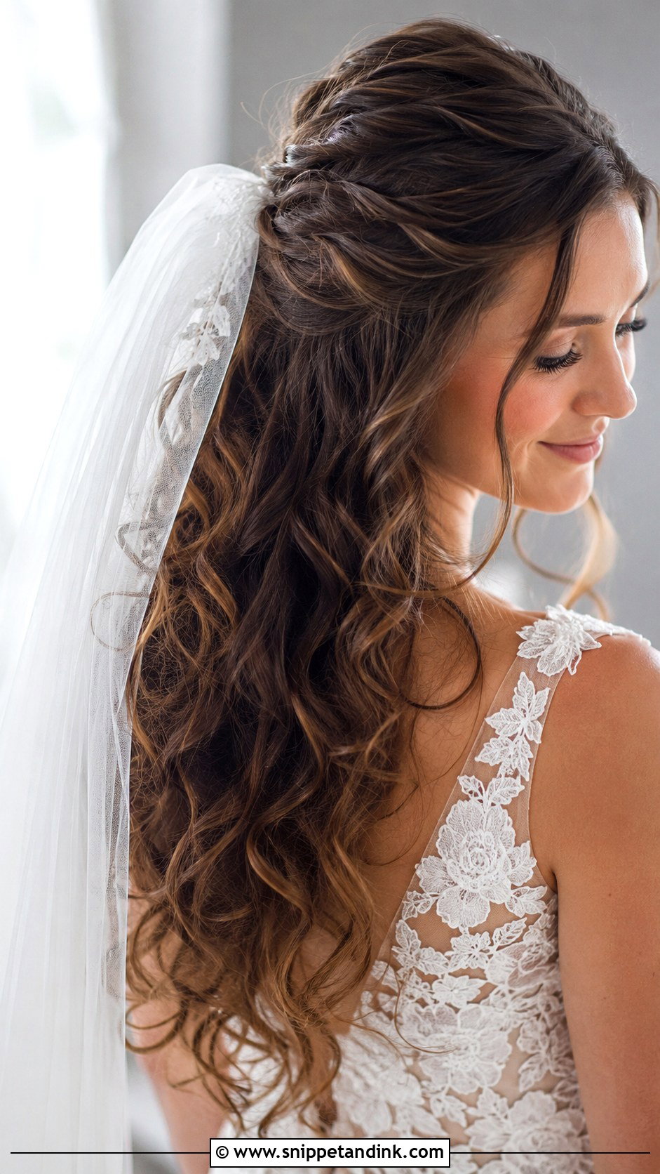 Curly Half Up Wedding Hairstyle With Veil - Snippet and Ink - 25 Curly Hair Styles for Wedding