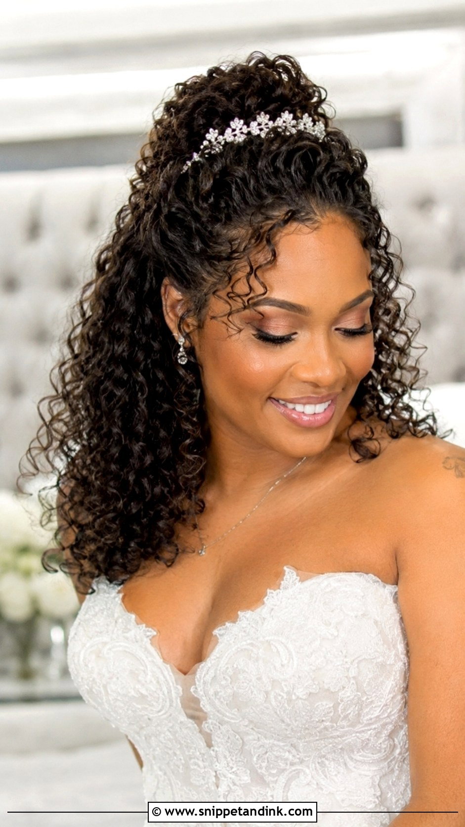 Curly Half Up Wedding Hairstyle for Medium Hair - Snippet and Ink - 20 Bridal Hair for Medium Length Ideas