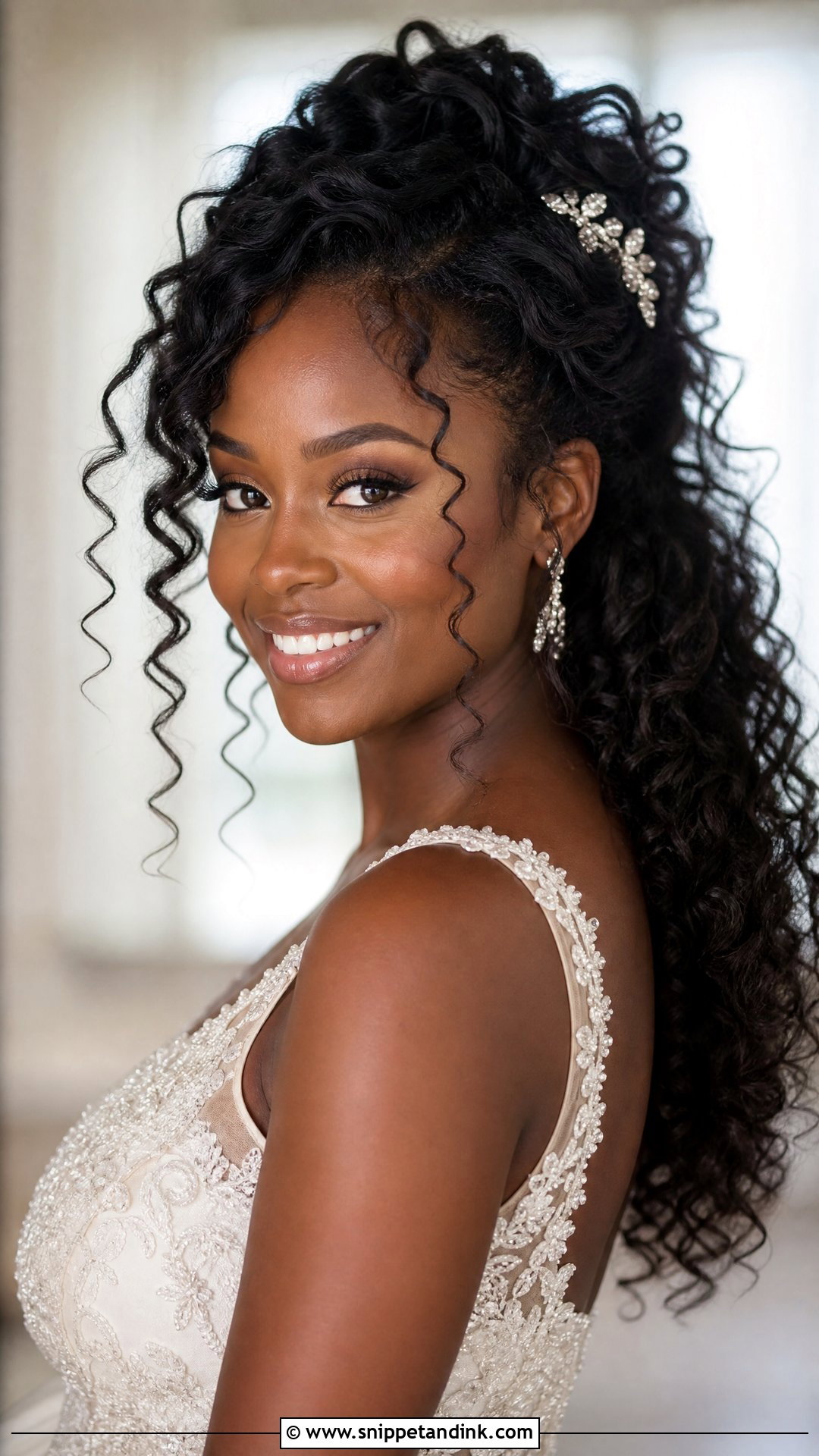 Curly Half Up Wedding Hairstyle for Shoulder Length Hair - Snippet and Ink - 20 Shoulder Length Hair Wedding Styles