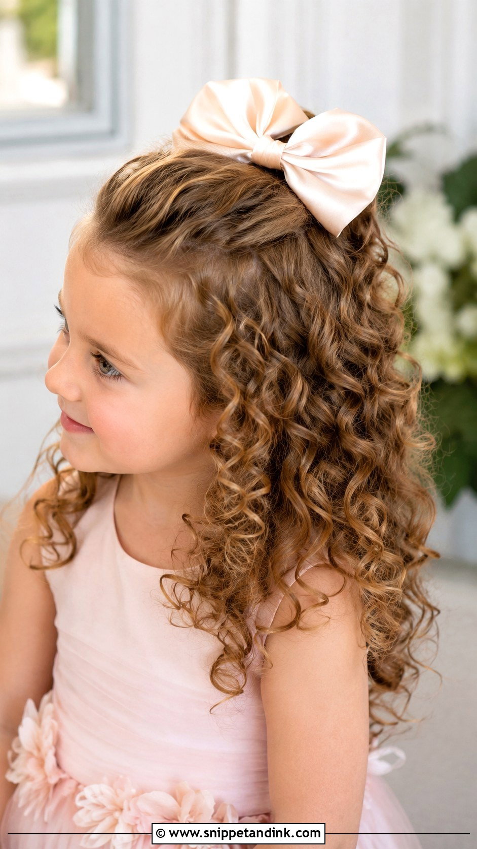 Curly Half Up With Bow - Snippet and Ink - 20 Girls Wedding Hairstyles