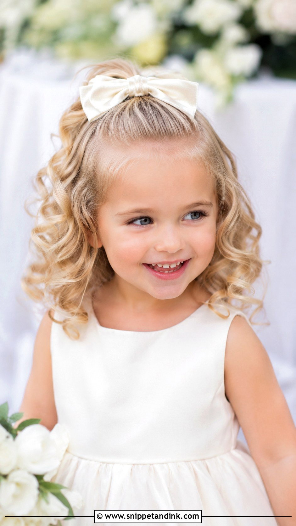 Curly Half Up With Bow - Snippet and Ink - 25 Childrens Wedding Hair Ideas