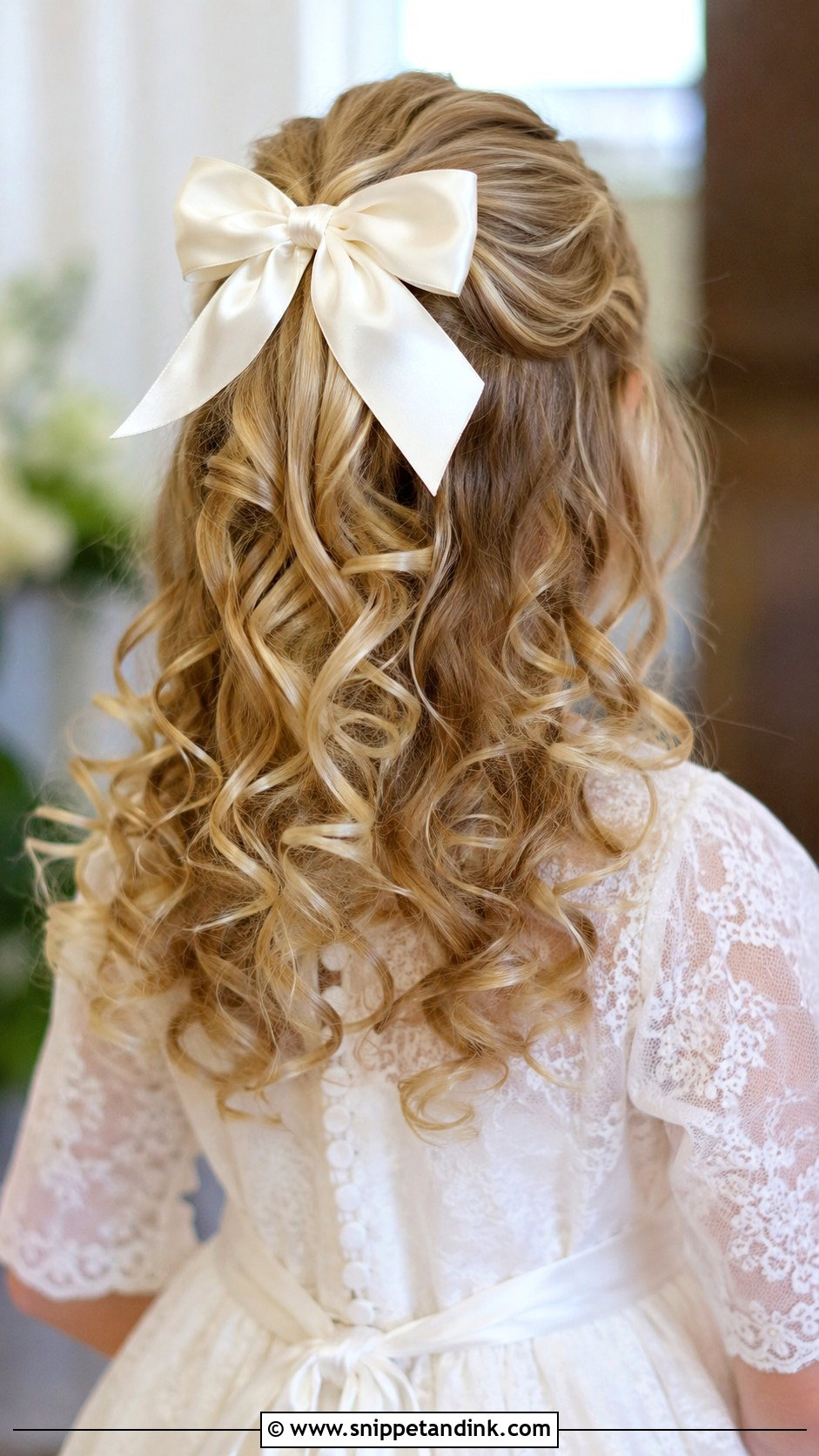 Curly Half Up With Bow - Snippet and Ink - 30 Kids Hairstyles for Wedding
