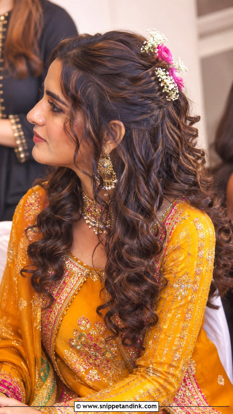 Curly Half Up With Floral Pins - Snippet and Ink - 25 Pakistani Wedding Hairstyles