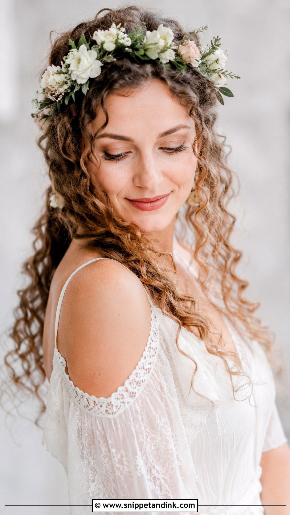 Curly Half Up With Flower Crown - Snippet and Ink - 25 Long Curly Hairstyles for Wedding