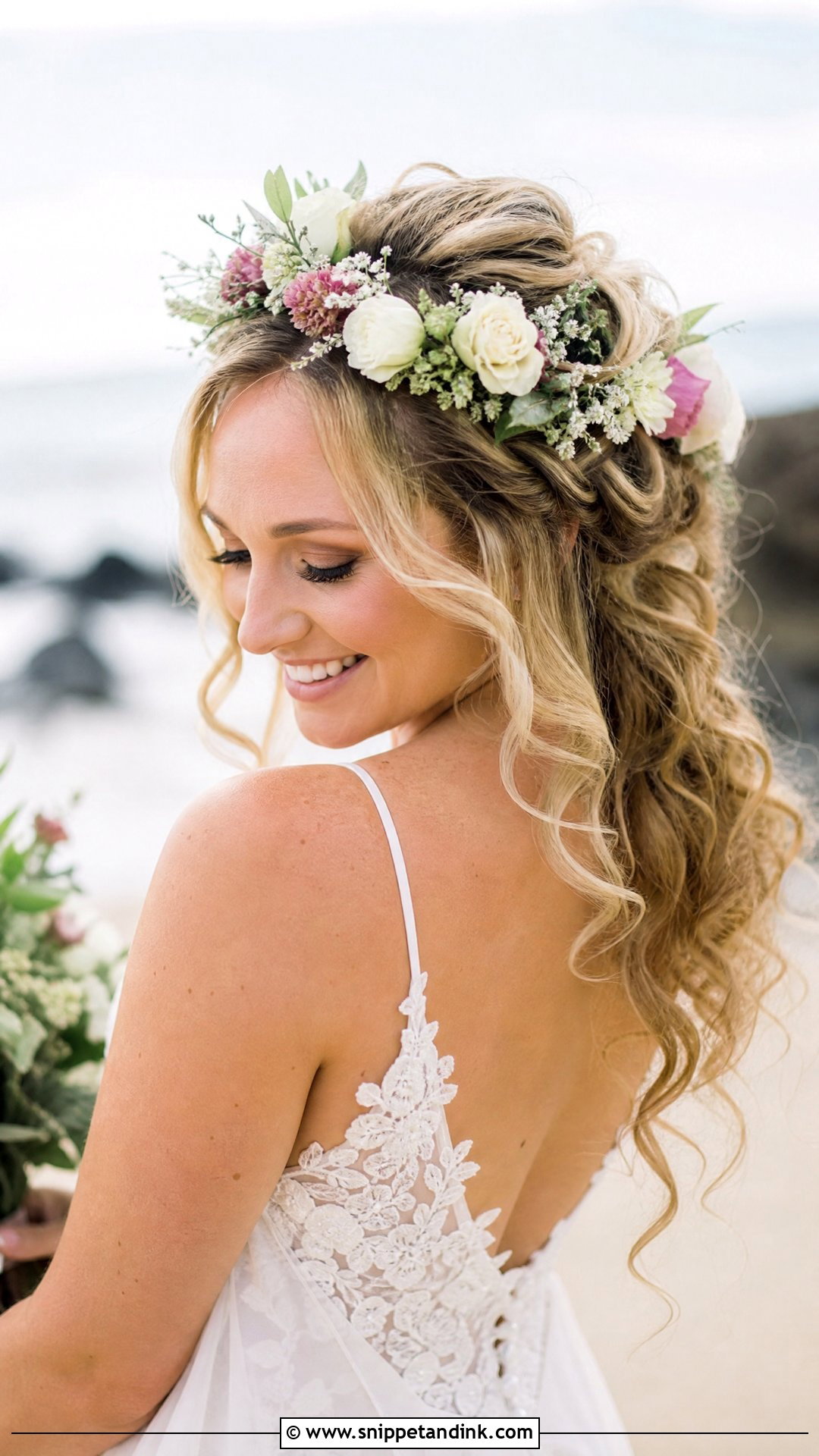 Curly Half Up With Flower Crown - Snippet and Ink - 20 Curly Half-Up Half-Down Wedding Hairstyles