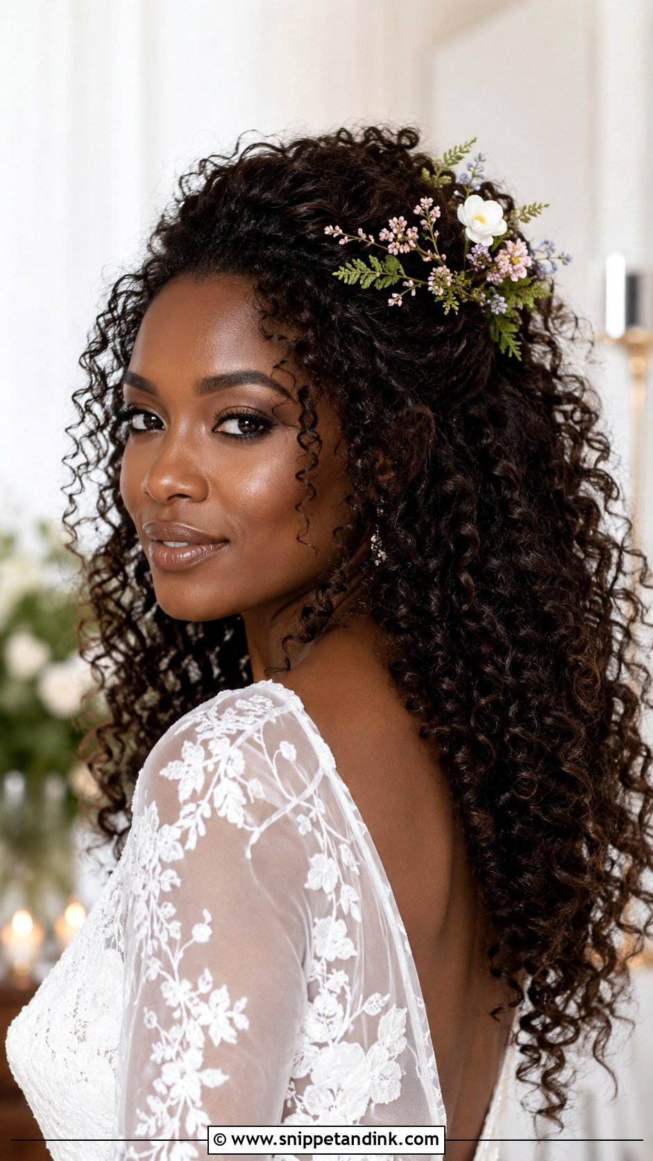 Curly Half Up With Flowers - Snippet and Ink - 25 Long Hair Wedding Hairstyles