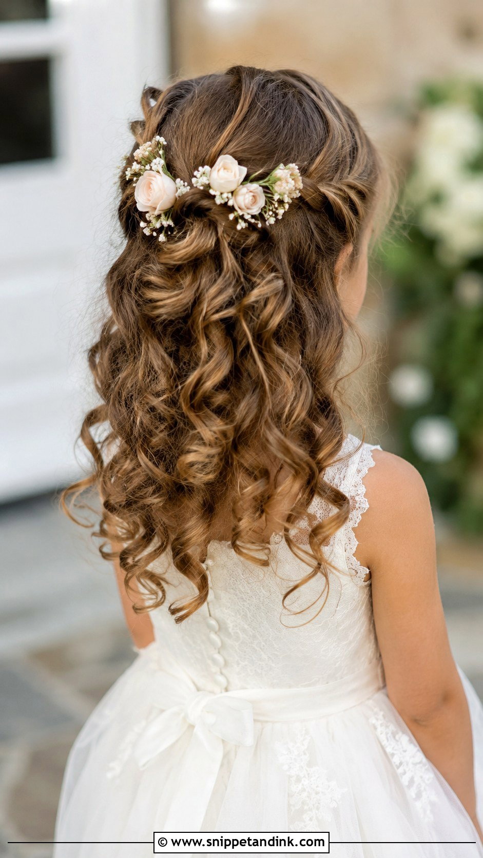 Curly Half Up With Flowers - Snippet and Ink - 25 Kids Girls Wedding Hairstyles
