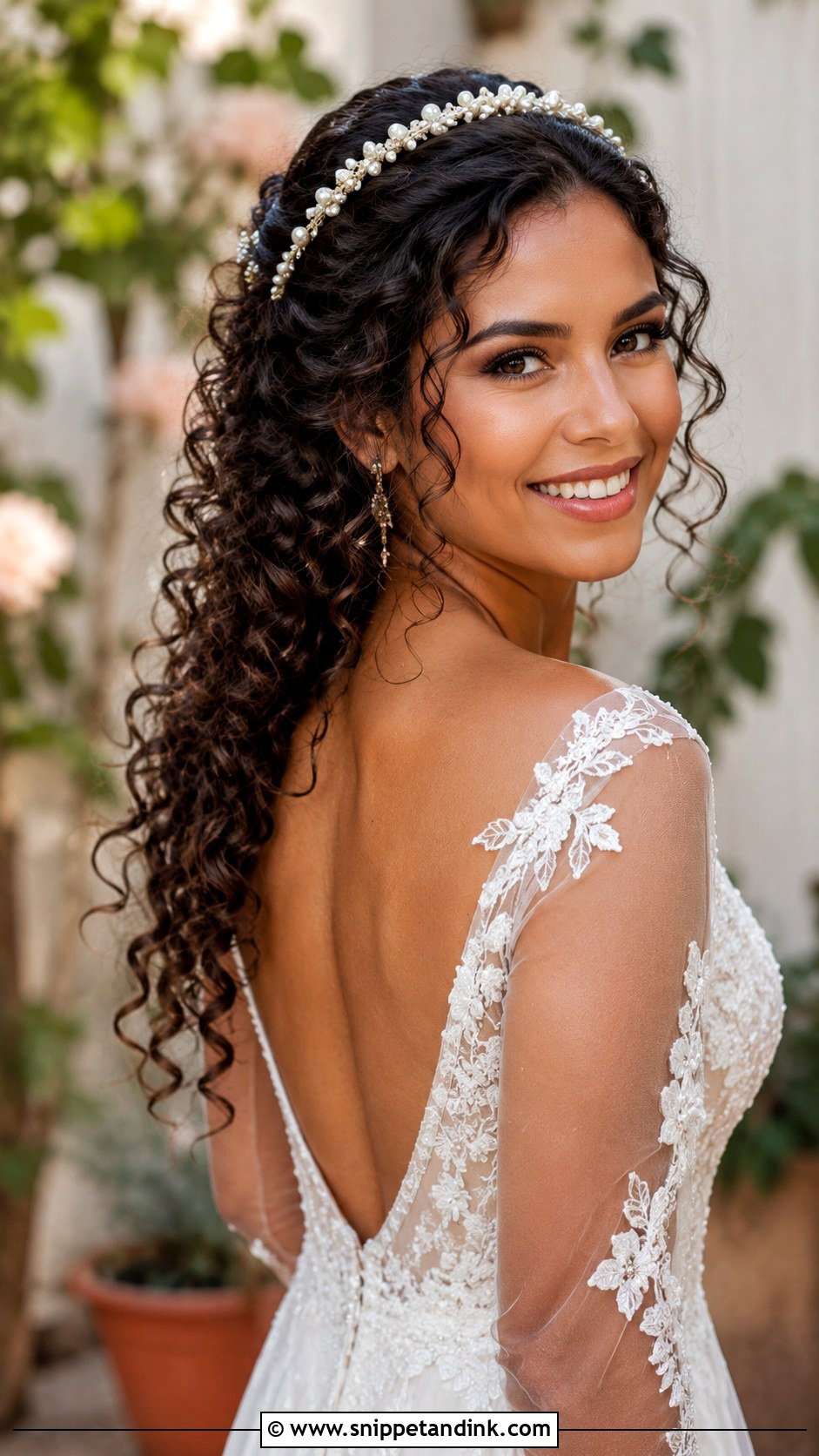 Curly Half Up With Headband - Snippet and Ink - 25 Medium Length Wedding Hairstyles