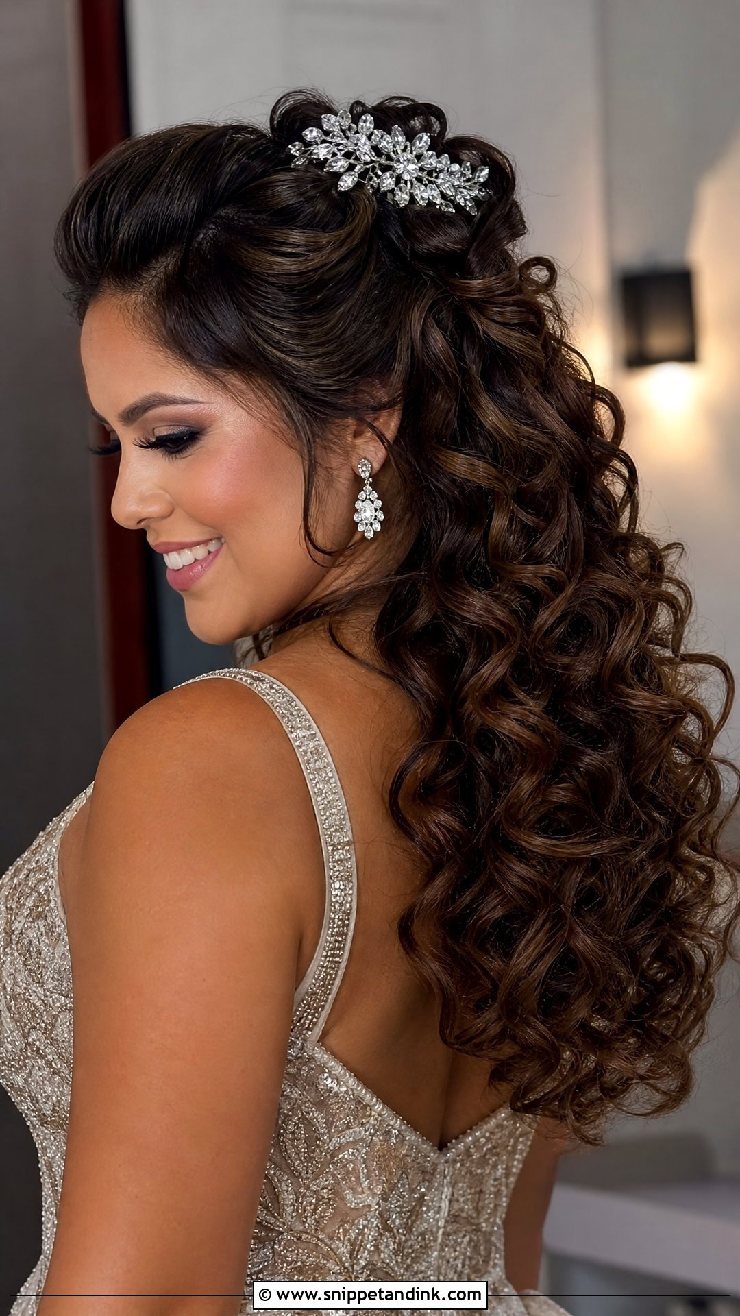 Curly Half Up With Jeweled Hairpiece - Snippet and Ink - 20 Curly Half-Up Half-Down Wedding Hairstyles