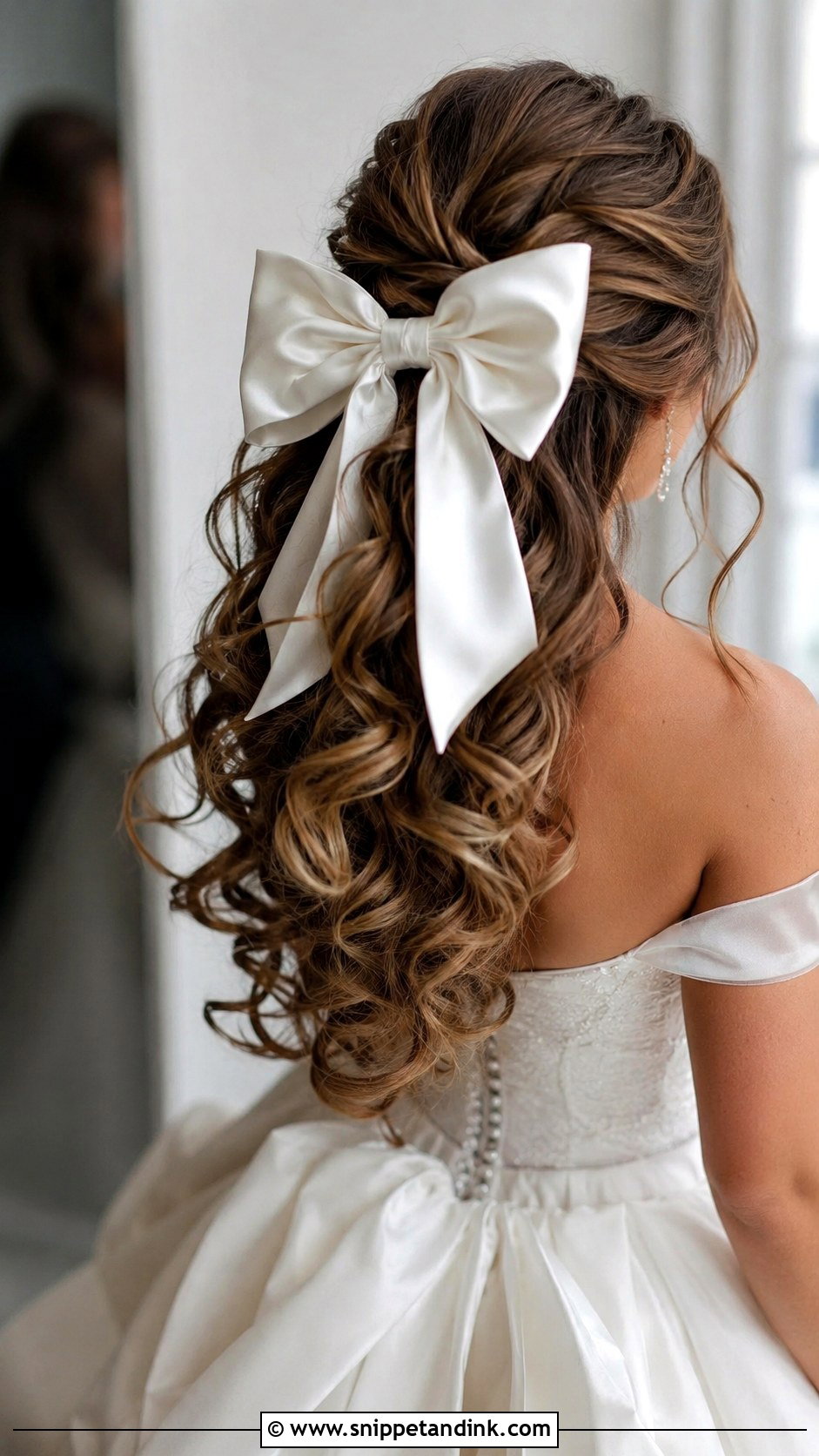 Curly Half Up With Oversized Bow - Snippet and Ink - 20 Half-Up Half-Down Wedding Hair with Bow Ideas