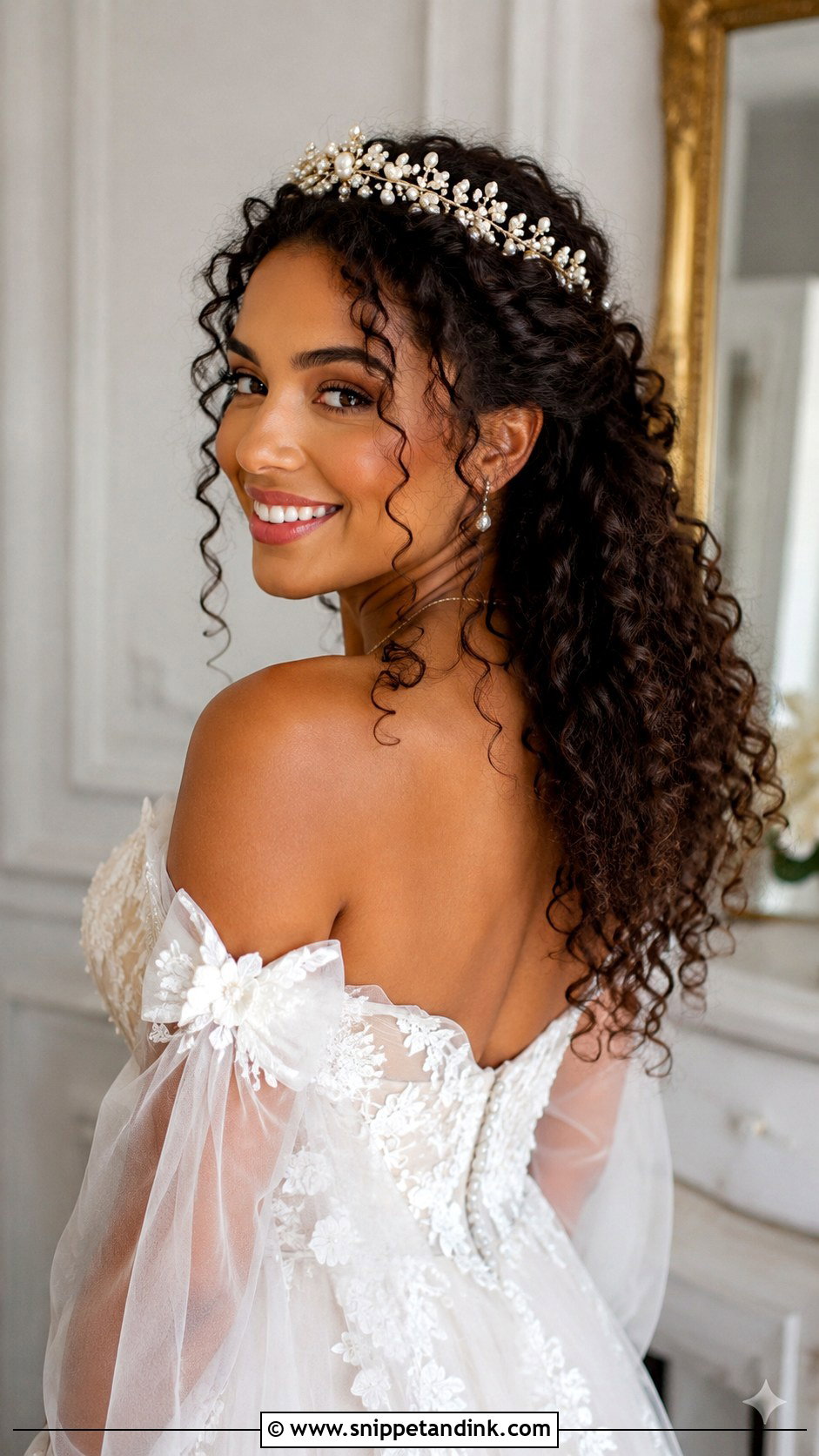 Curly Half Up With Pearl Crown - Snippet and Ink - 20 Wedding Hair with Crown Ideas