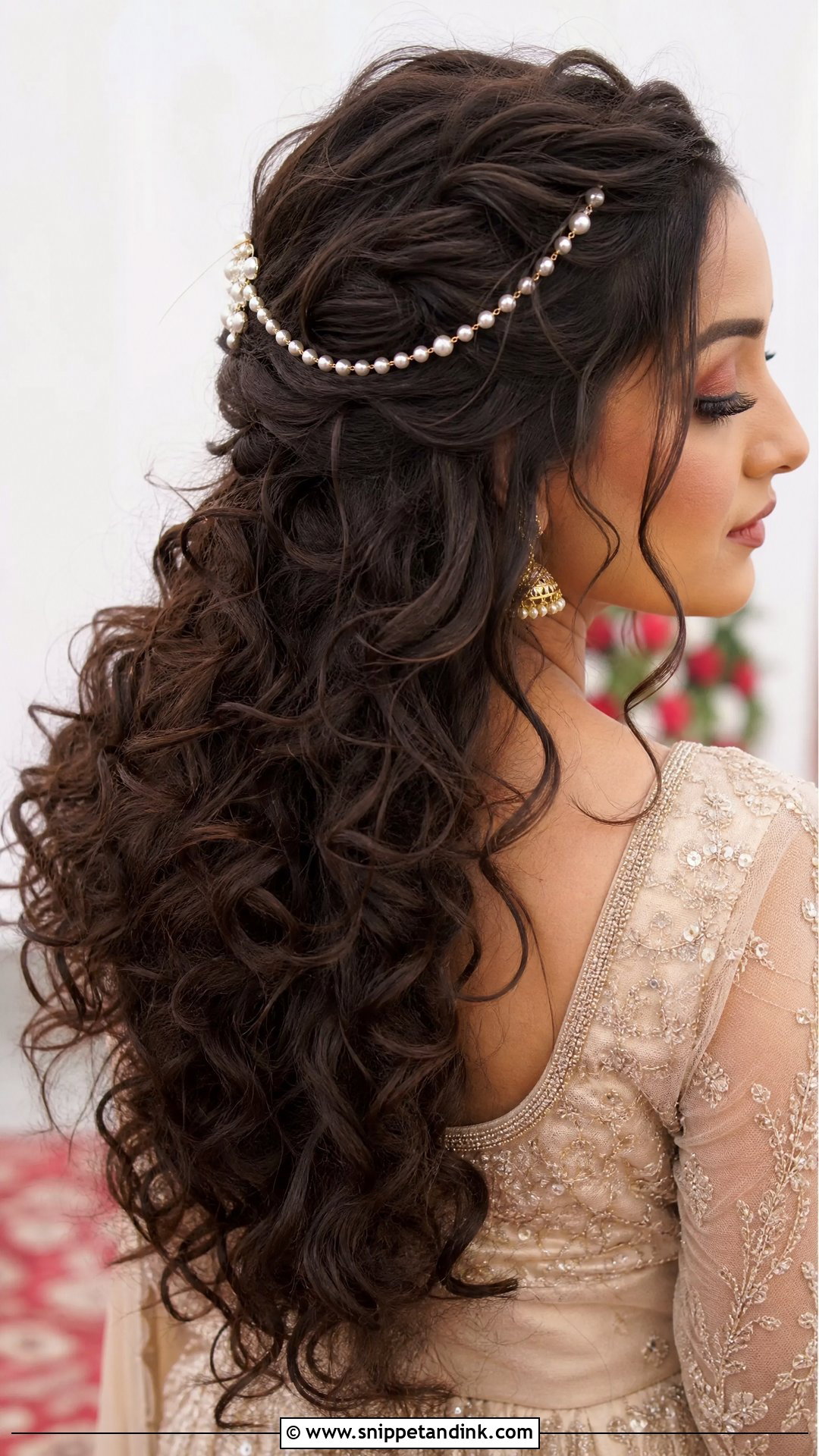 Curly Half Up With Pearl Hair Chain - Snippet and Ink - 20 Pakistani Bridal Hairstyles Nikah