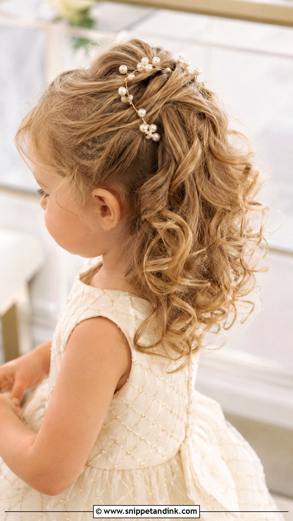 Curly Half Up With Pearl Pins - Snippet and Ink - 20 Flowergirl Hairstyle for Toddler Ideas
