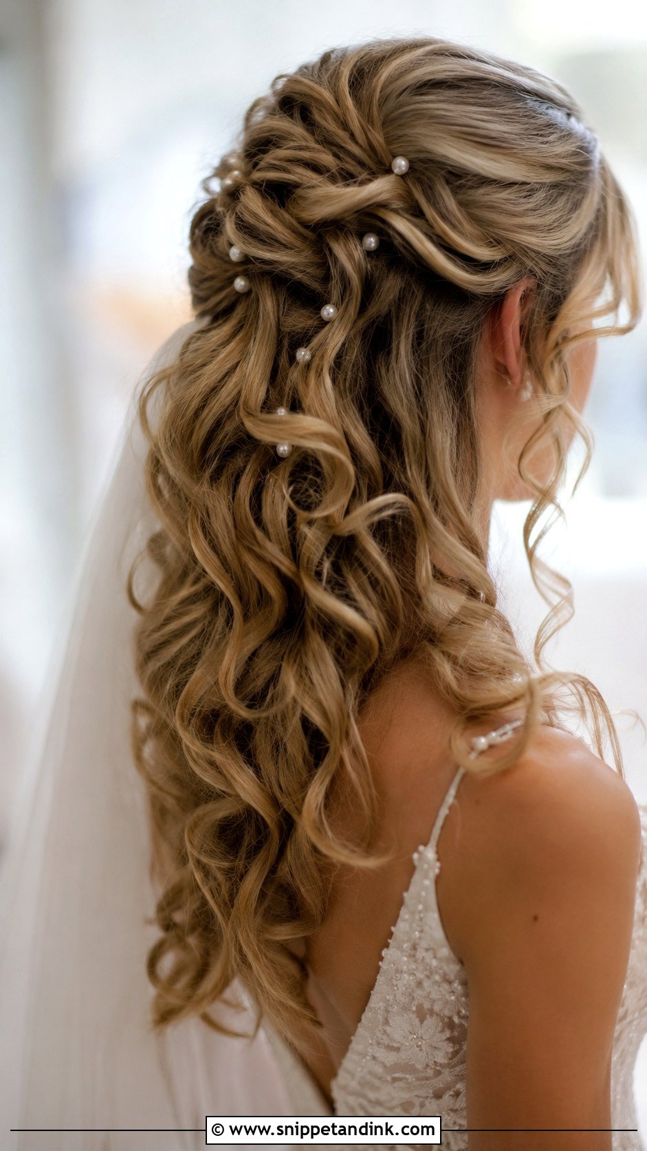 Curly Half Up With Pearl Pins - Snippet and Ink - 20 Long Curled Hairstyles for Wedding
