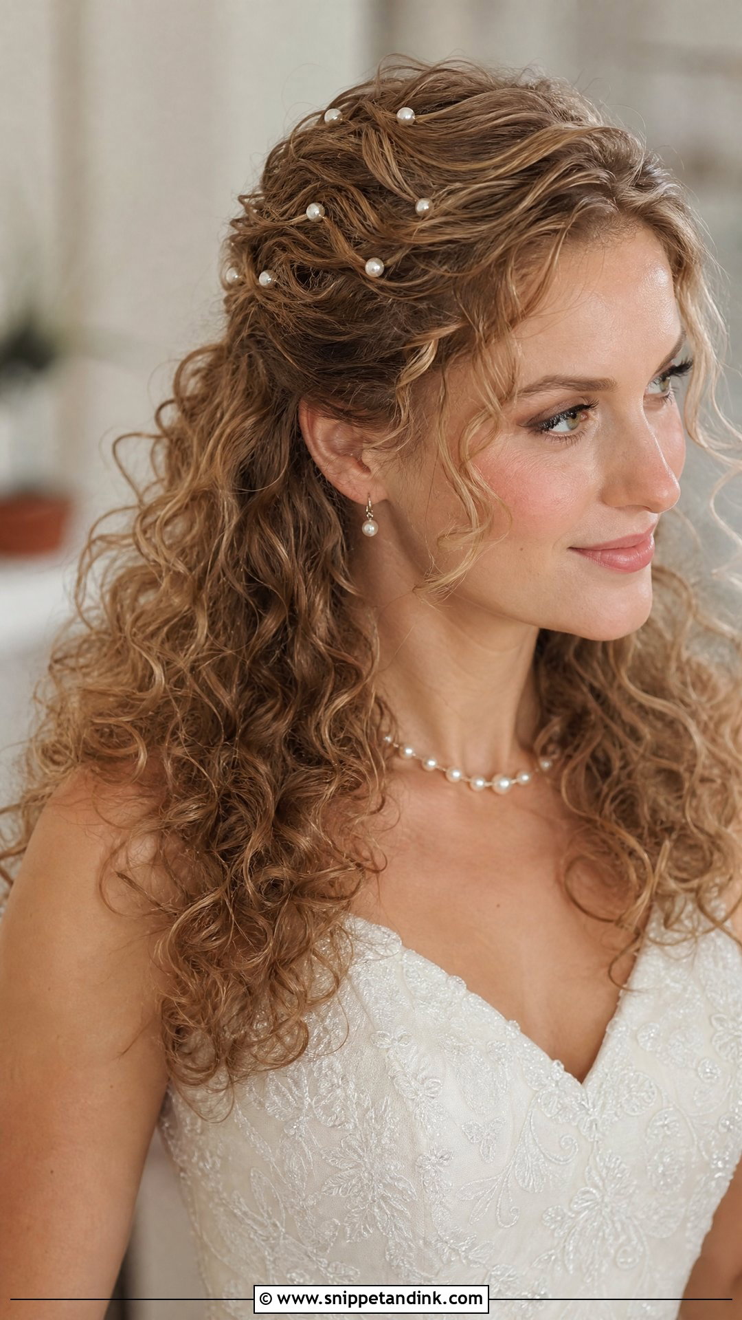 Curly Half Up With Pearl Pins - Snippet and Ink - 20 Naturally Curly Hair Wedding Styles